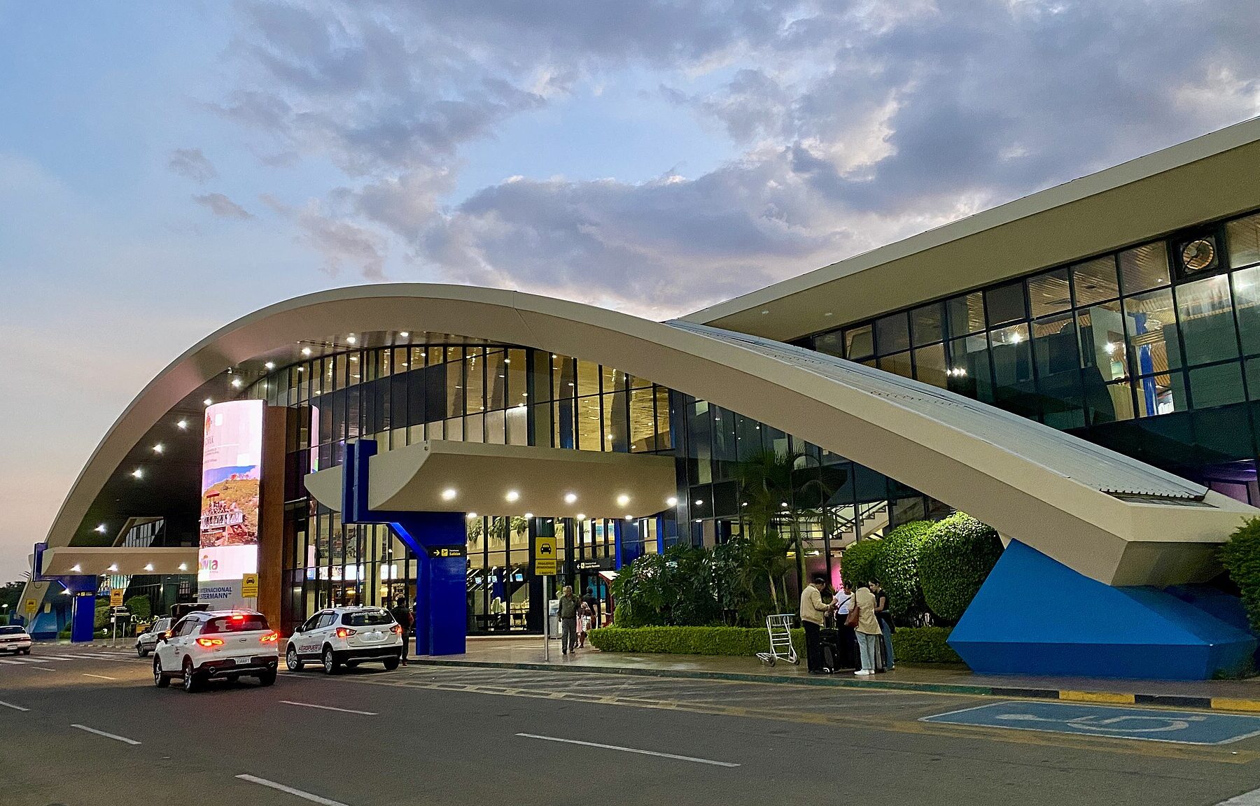 Main terminal of Jorge Wilstermann International Airport in Cochabamba, Bolivia, at dusk