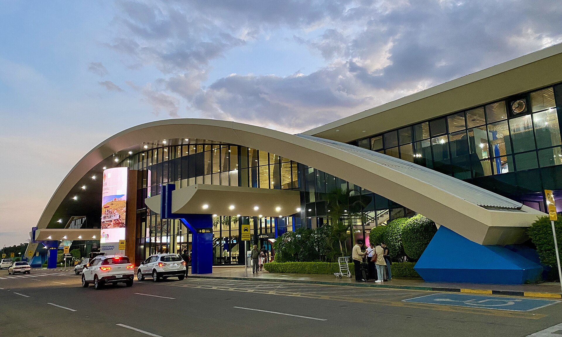 Main terminal of Jorge Wilstermann International Airport in Cochabamba, Bolivia, at dusk