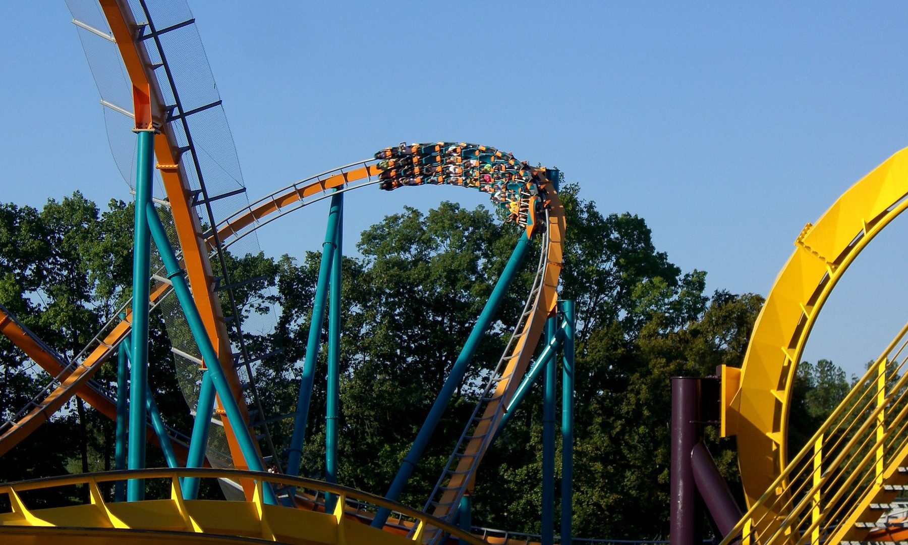 The Goliath roller coaster at Six Flags Over Georgia, a steel hypercoaster, seen in a file photo with a train rounding an overbanked turn