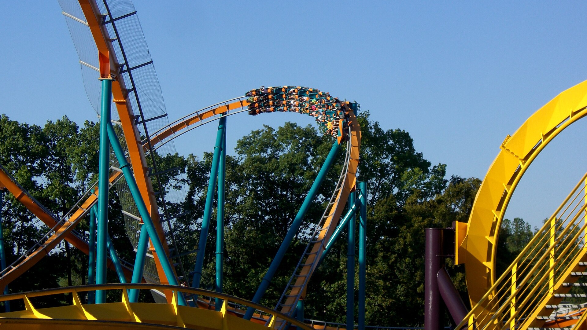 The Goliath roller coaster at Six Flags Over Georgia, a steel hypercoaster, seen in a file photo with a train rounding an overbanked turn