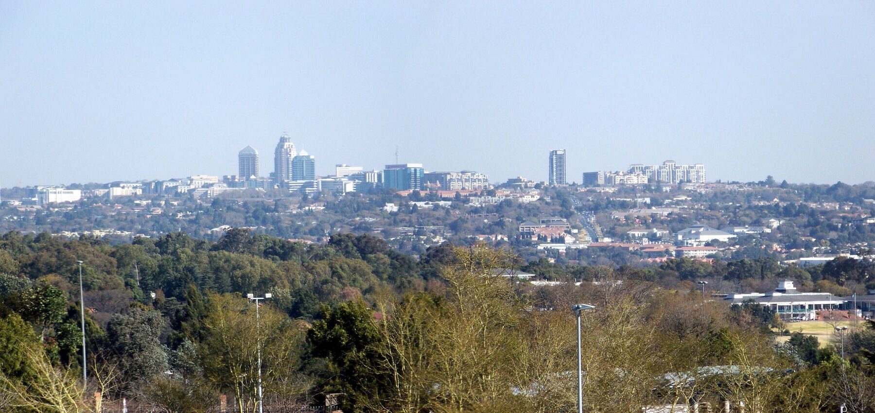 Sandton skyline in Johannesburg, South Africa, seen across wooded suburbs