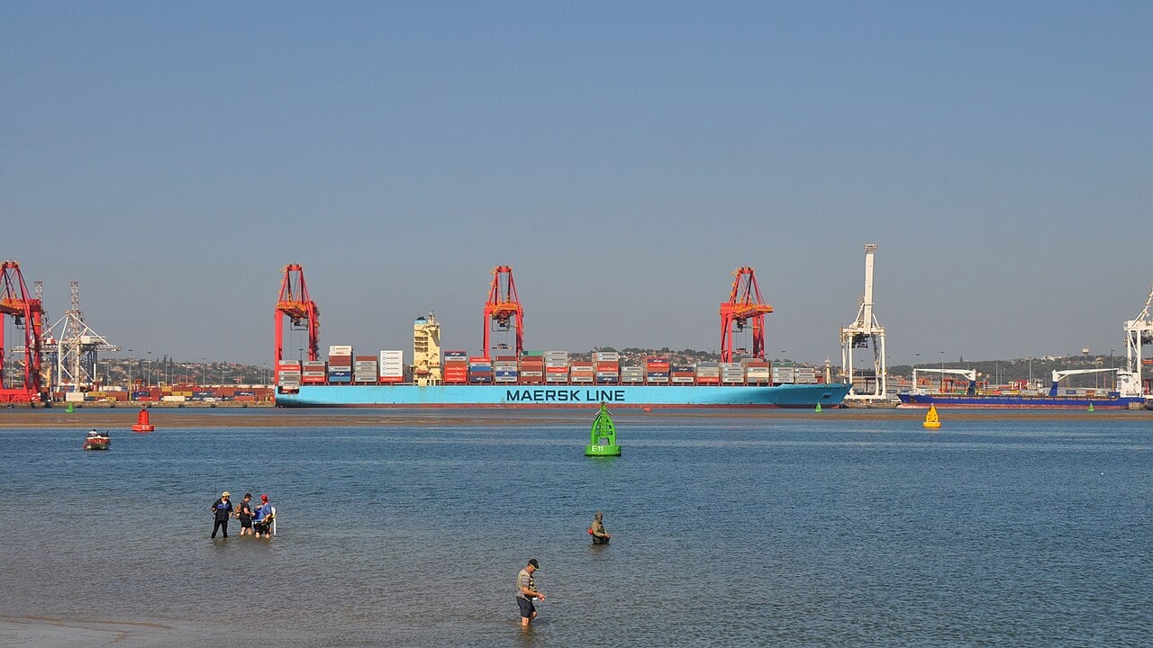 A Maersk Line container ship moored under red gantry cranes at the Durban container terminal, with people wading in the shallow bay in front