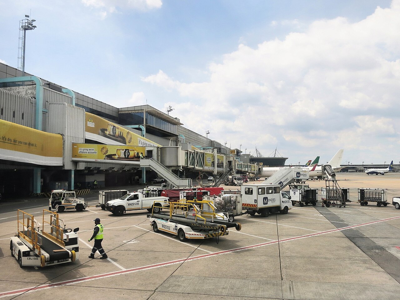 Baggage trailers, loaders and ground crew beside the domestic terminal at OR Tambo International Airport, with parked aircraft in the background