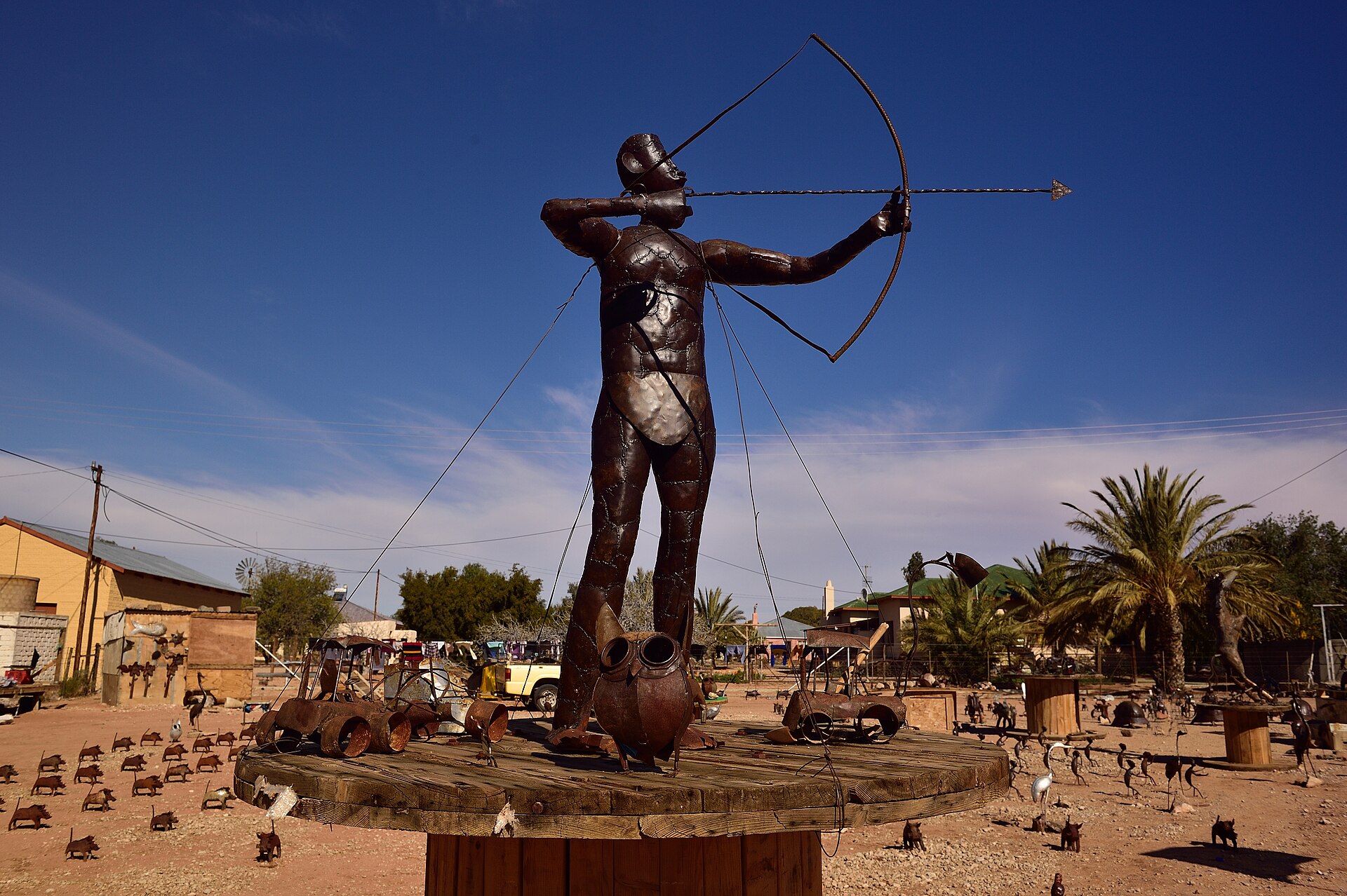 A scrap-metal statue of an archer drawing a bow in Pofadder, a small town in South Africa's Northern Cape