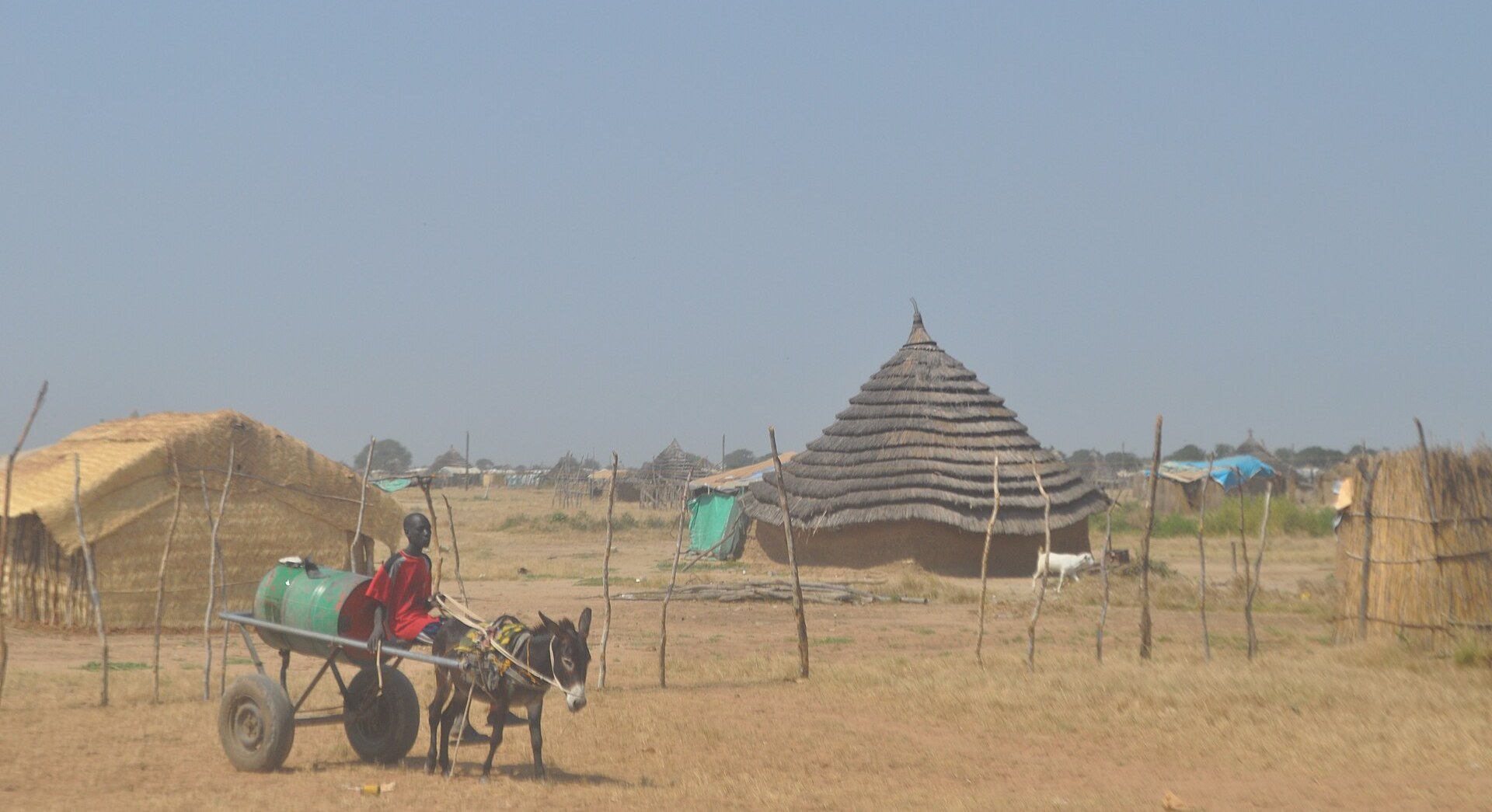 Thatched huts and a boy driving a donkey cart with a water drum in Abyei Town, taken in 2009