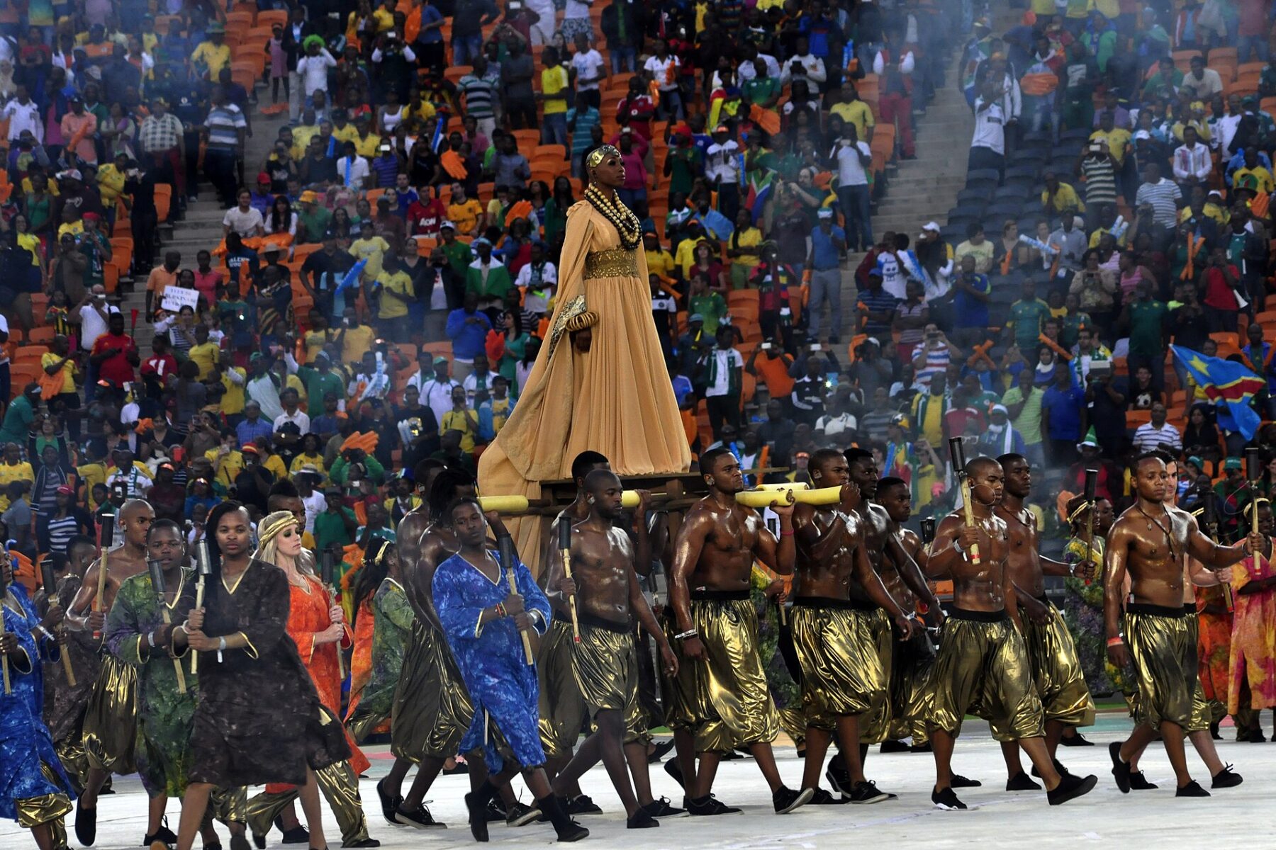 Performers and a full crowd inside FNB Stadium, Soccer City, in Johannesburg