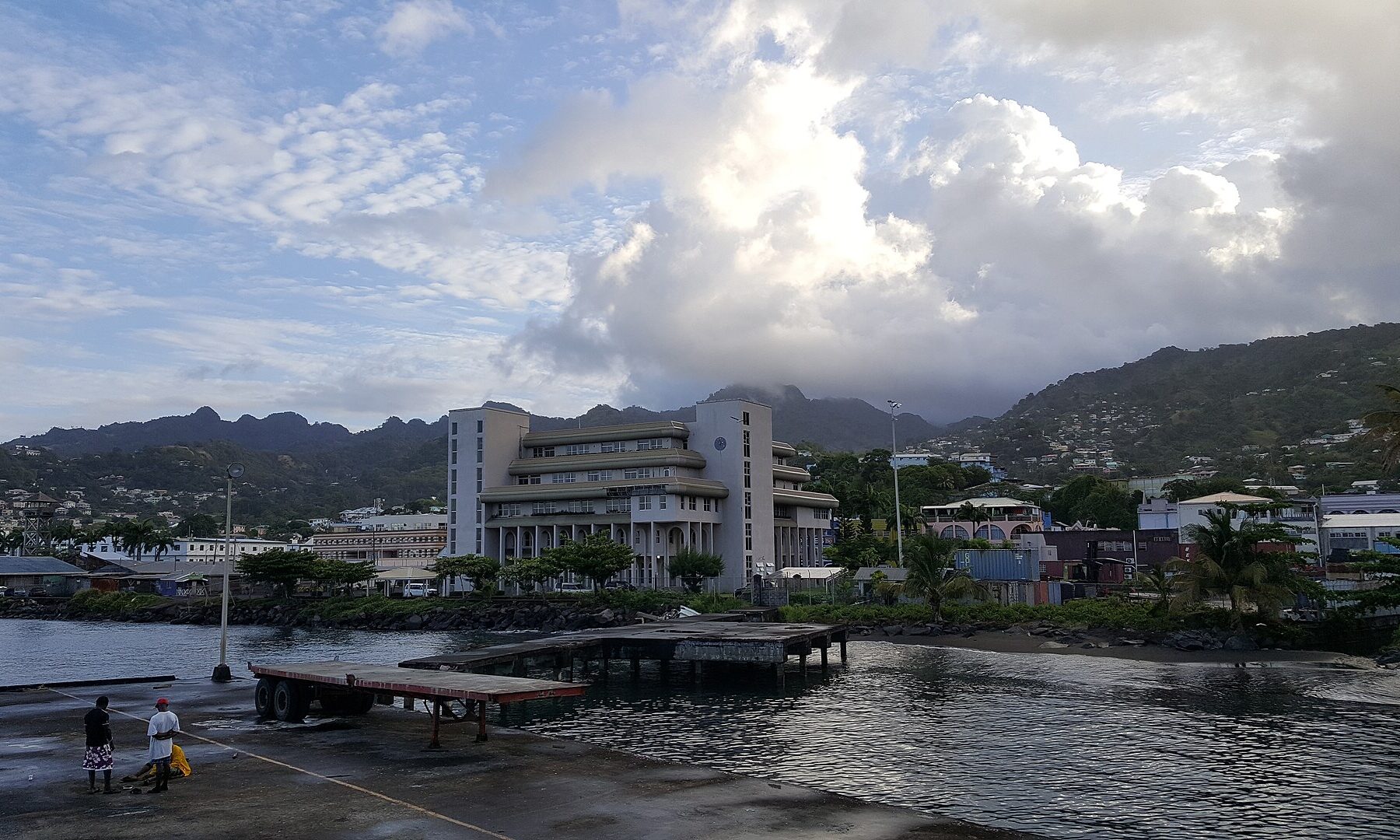 Kingstown waterfront and government buildings below green hills on St Vincent