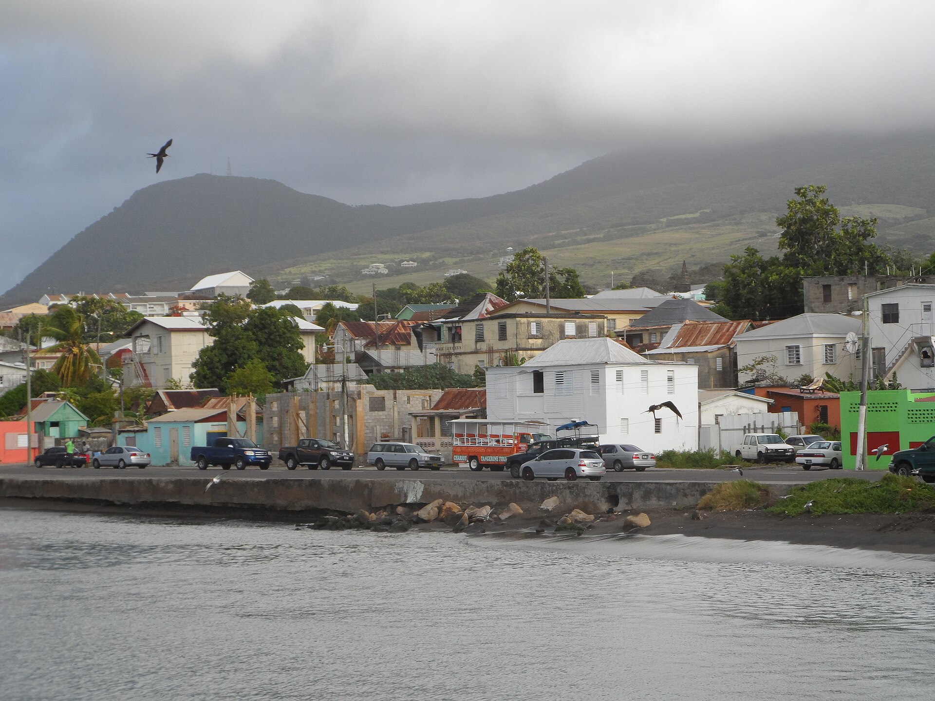 Basseterre seafront on St Kitts with hills in the background