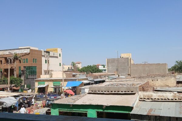 Stalls, shop roofs and buildings in the central market area of Nyala, South Darfur, Sudan, seen from above in a 2025 photo