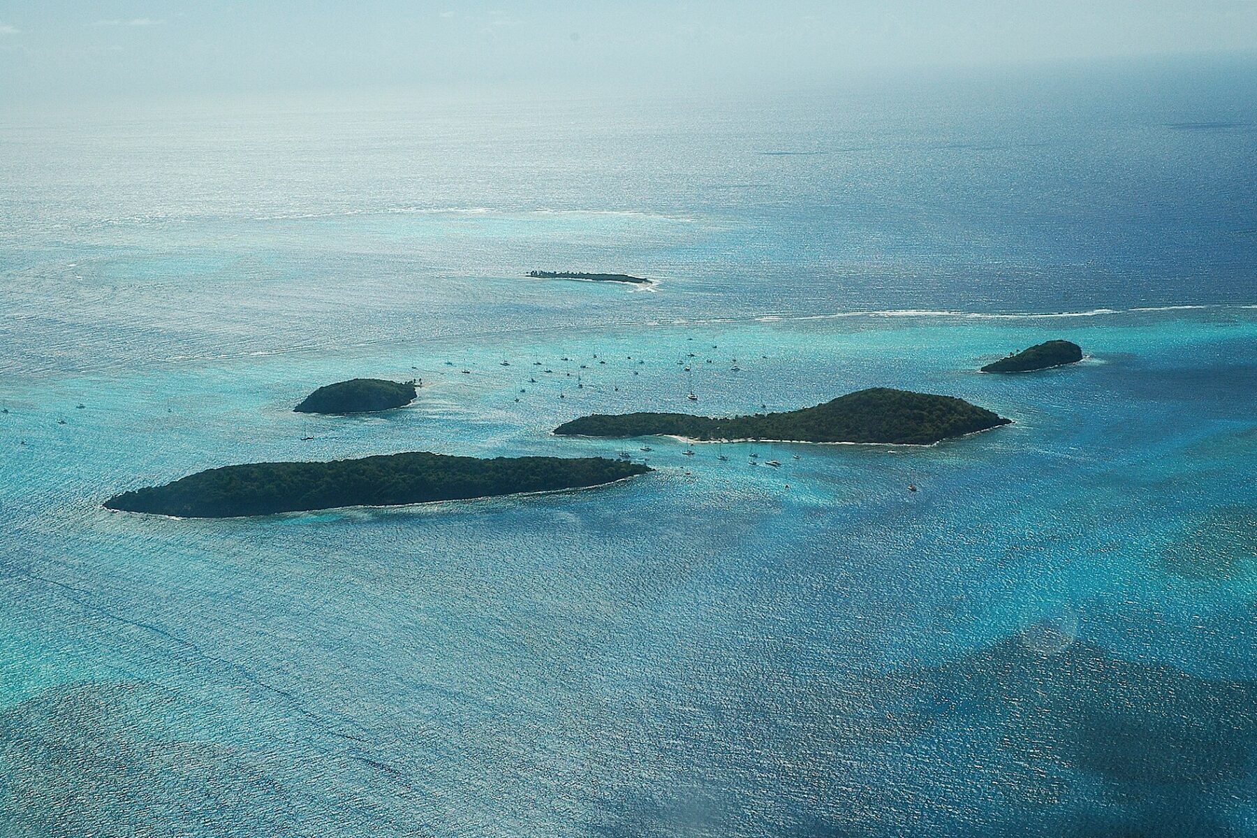 Tobago Cays islets and anchored yachts seen from the air, the Grenadines