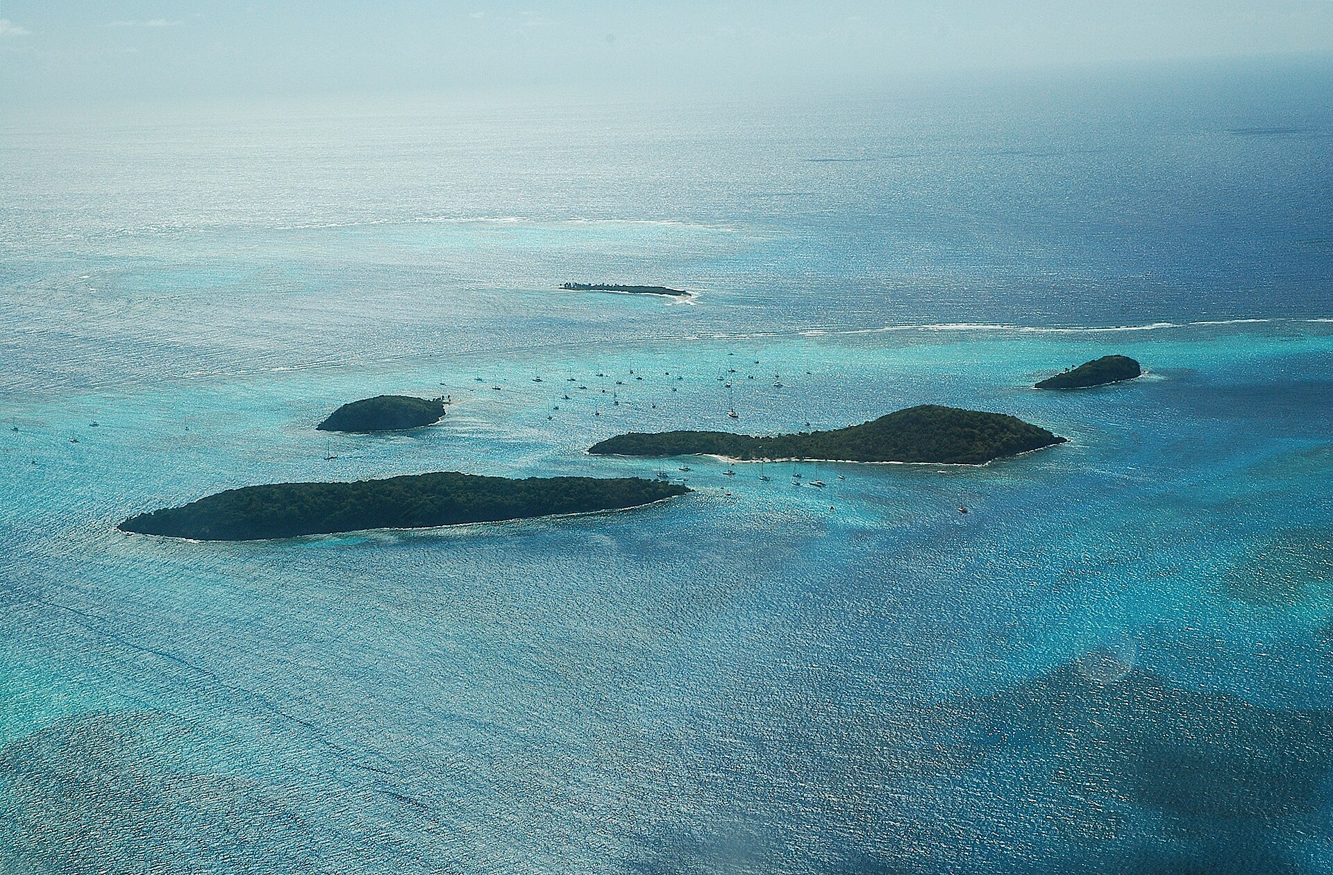 Tobago Cays islets and anchored yachts seen from the air, the Grenadines
