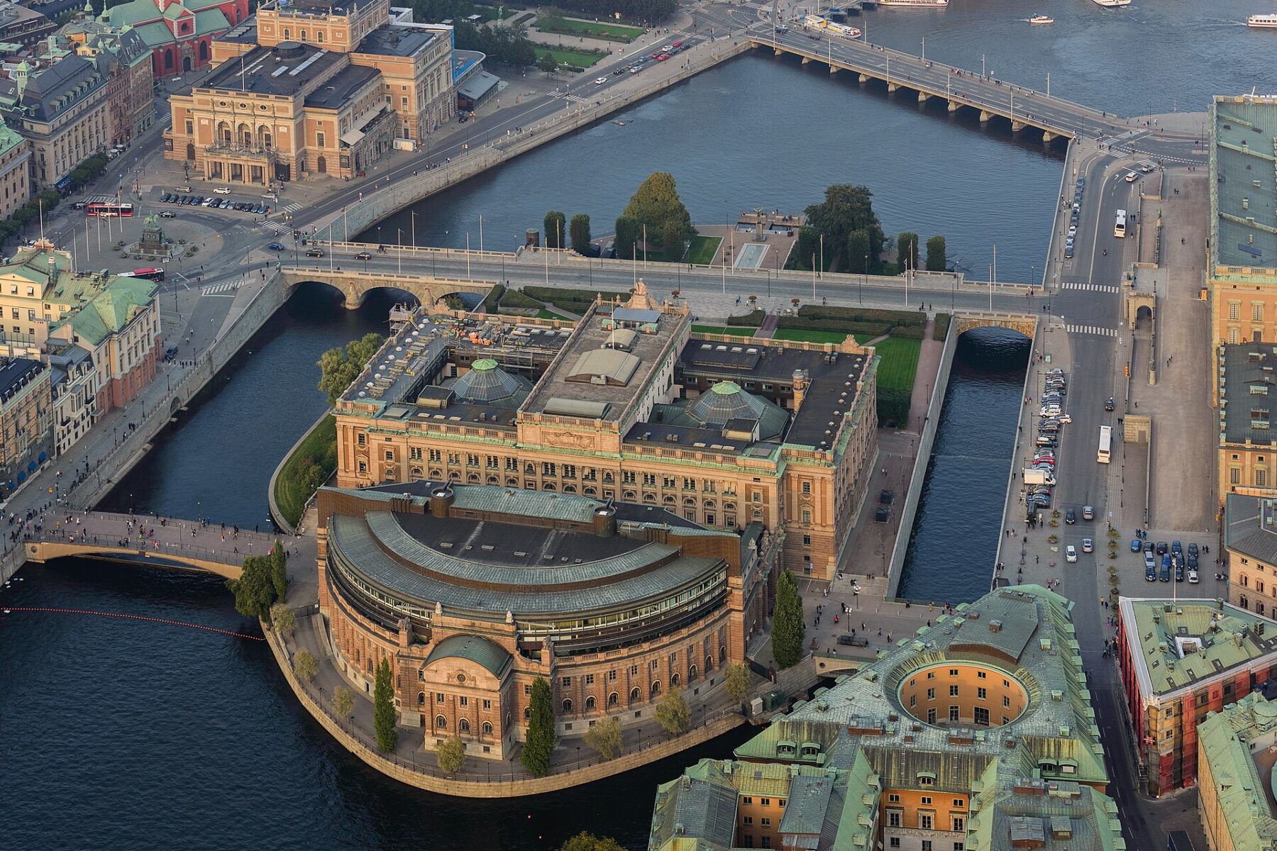 Aerial view of the Riksdag, the Swedish parliament, on Helgeandsholmen island in central Stockholm