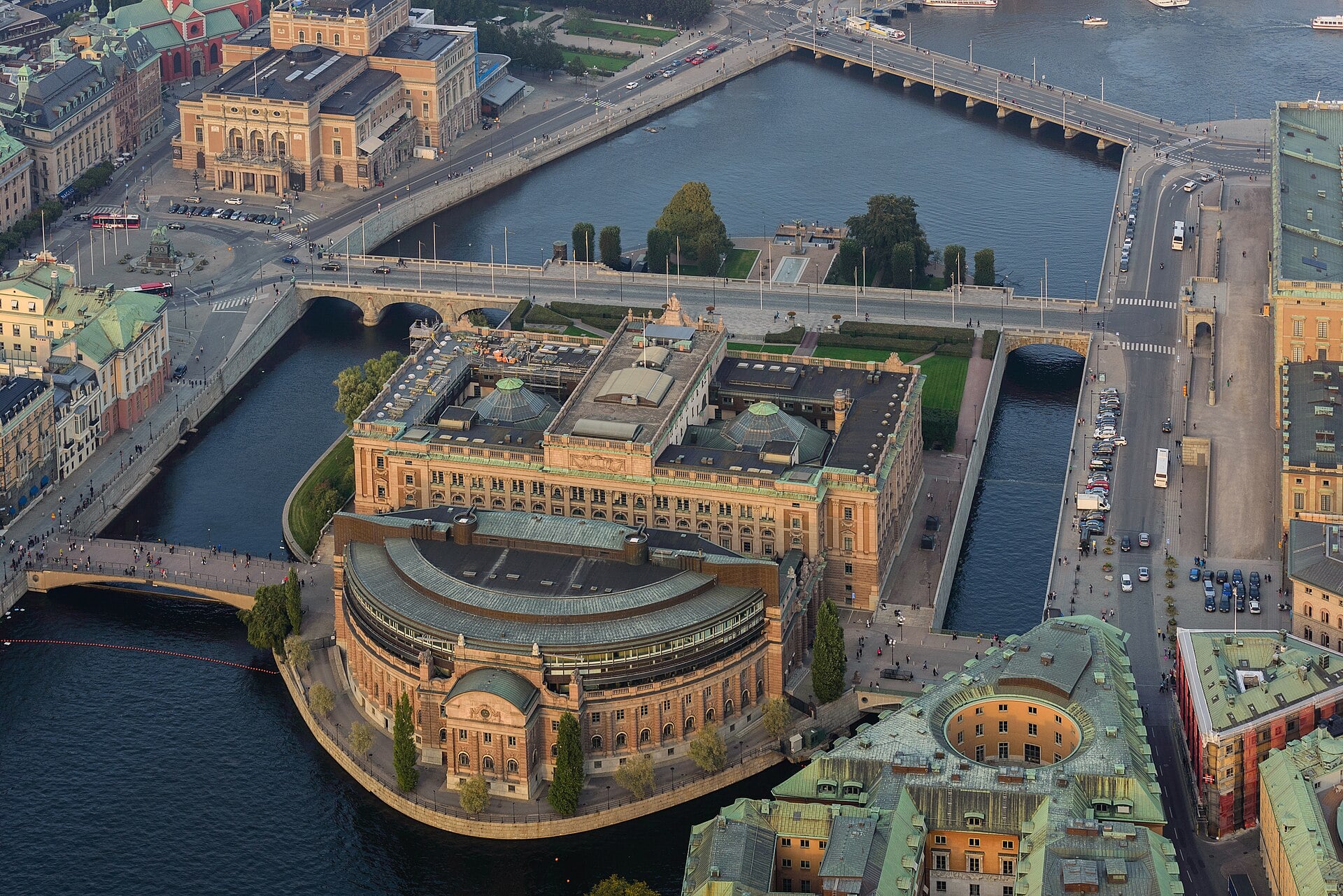 Aerial view of the Riksdag, the Swedish parliament, on Helgeandsholmen island in central Stockholm