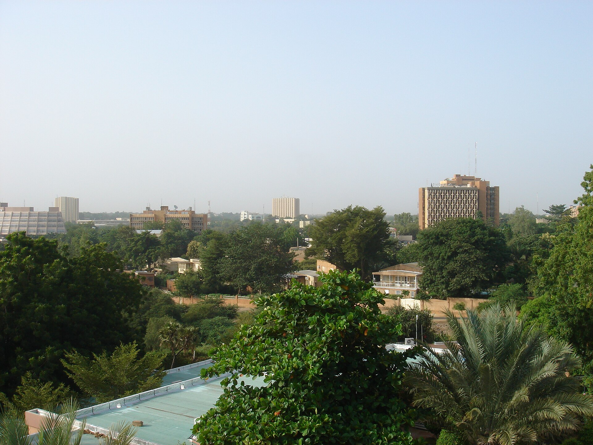 Treetops in the foreground and office towers of central Niamey under a hazy sky