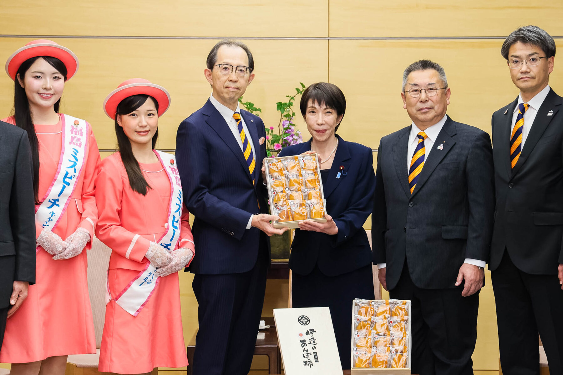 Prime Minister Sanae Takaichi receives dried persimmons from the governor of Fukushima, January 2026