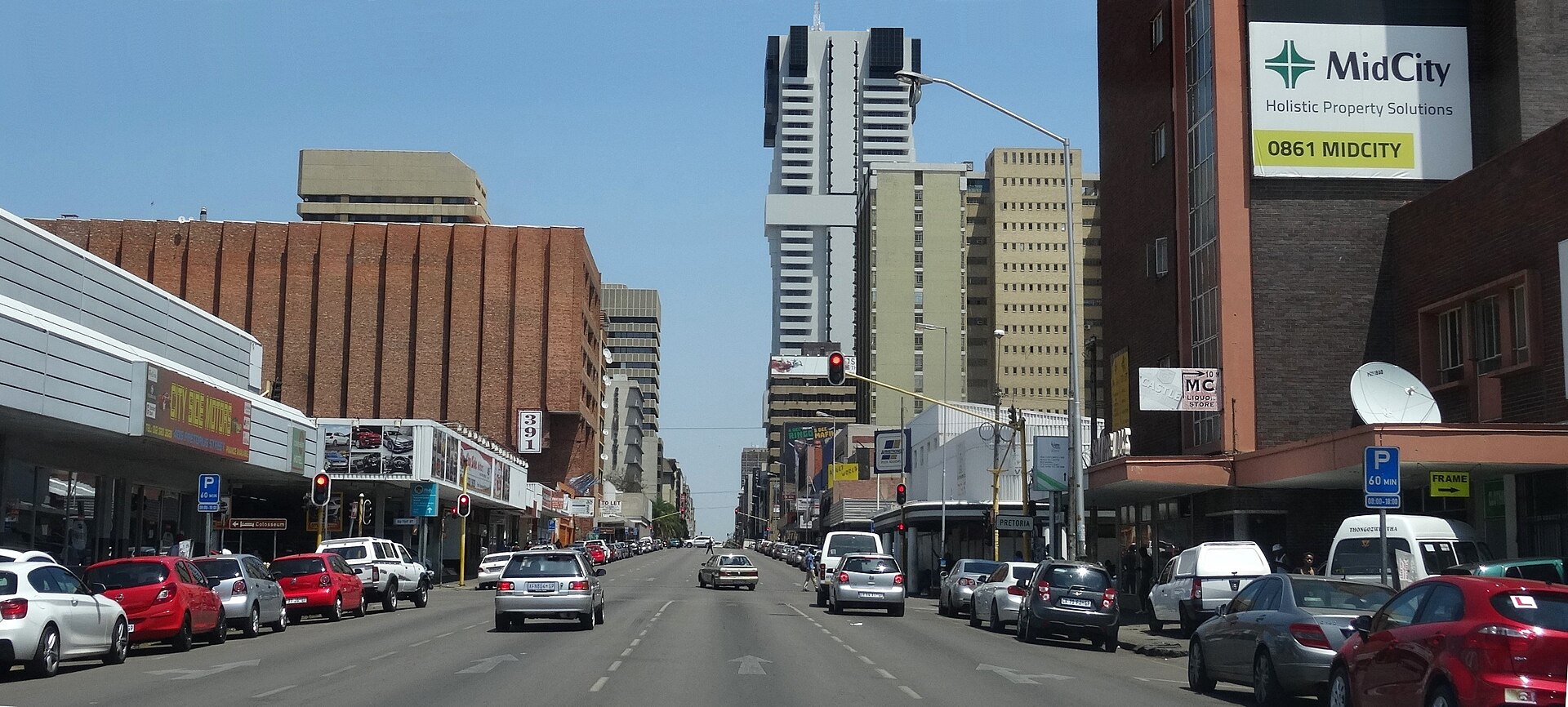Traffic on Pretorius Street in Pretoria, South Africa, the street where Ndlala Mall and its arena stand in the Arcadia district