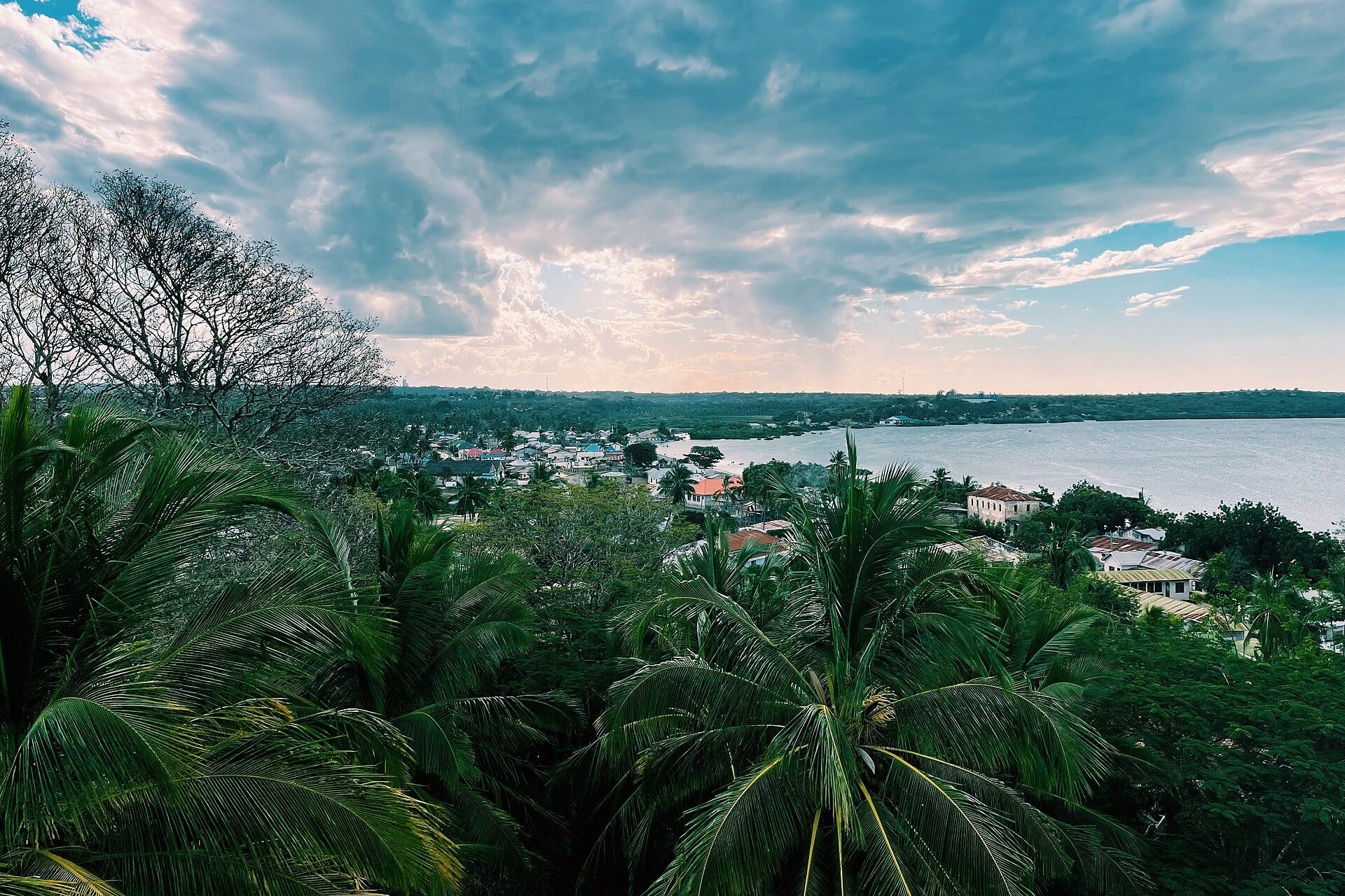 Palm trees and roofs of Mikindani beside Mikindani Bay in Tanzania's Mtwara Region under a cloudy sky
