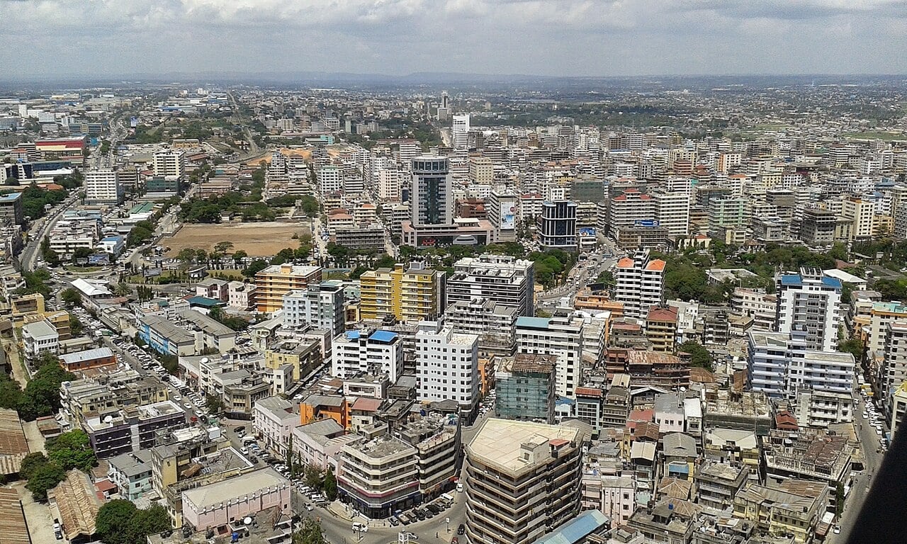 Aerial view of dense office and apartment blocks in central Dar es Salaam, Tanzania