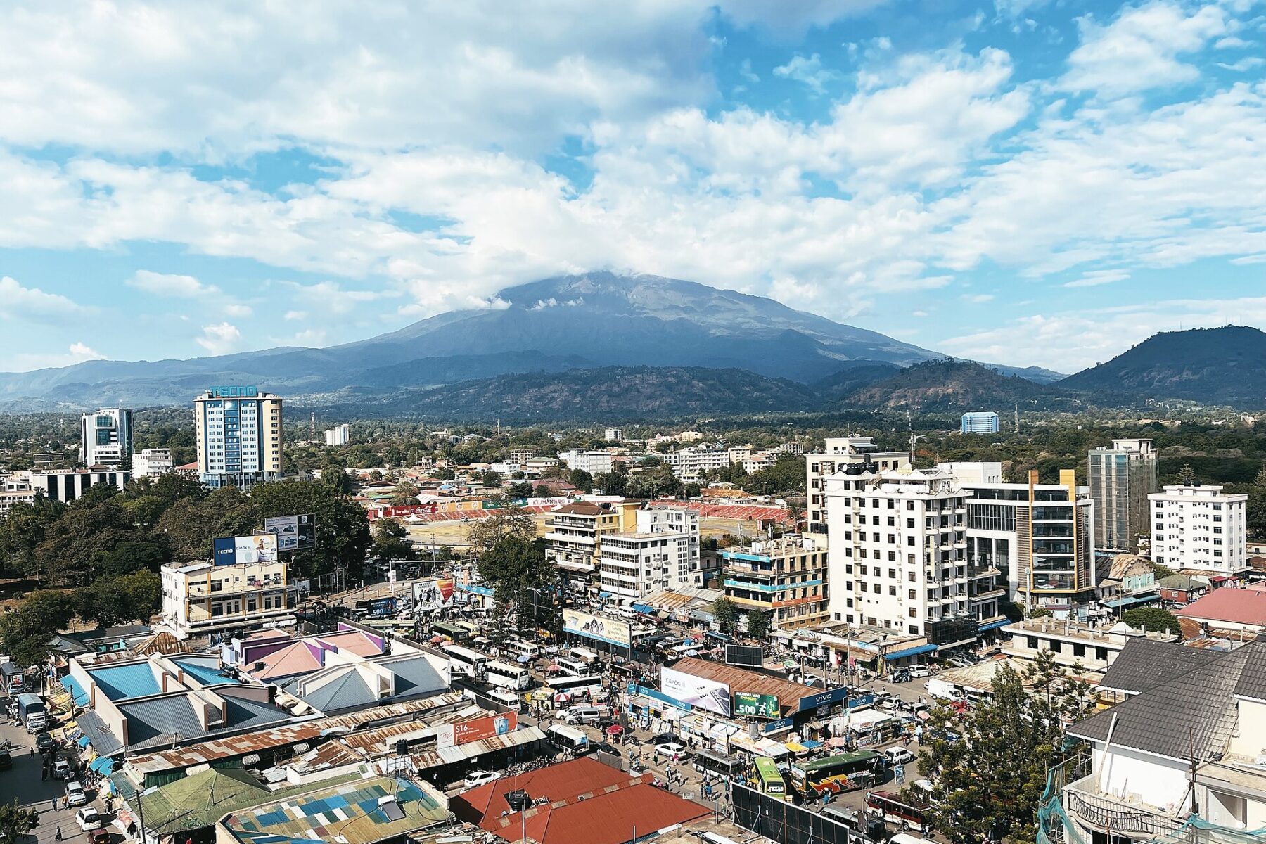 Arusha city with Mount Meru behind it in northern Tanzania
