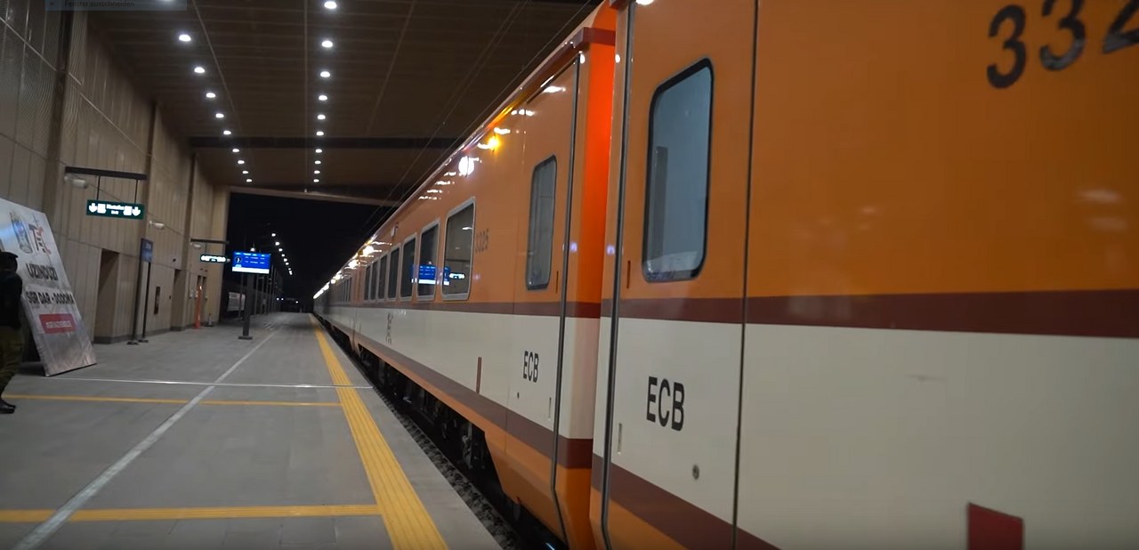 Passenger train in the hall of Dodoma station on Tanzania's electric Standard Gauge Railway
