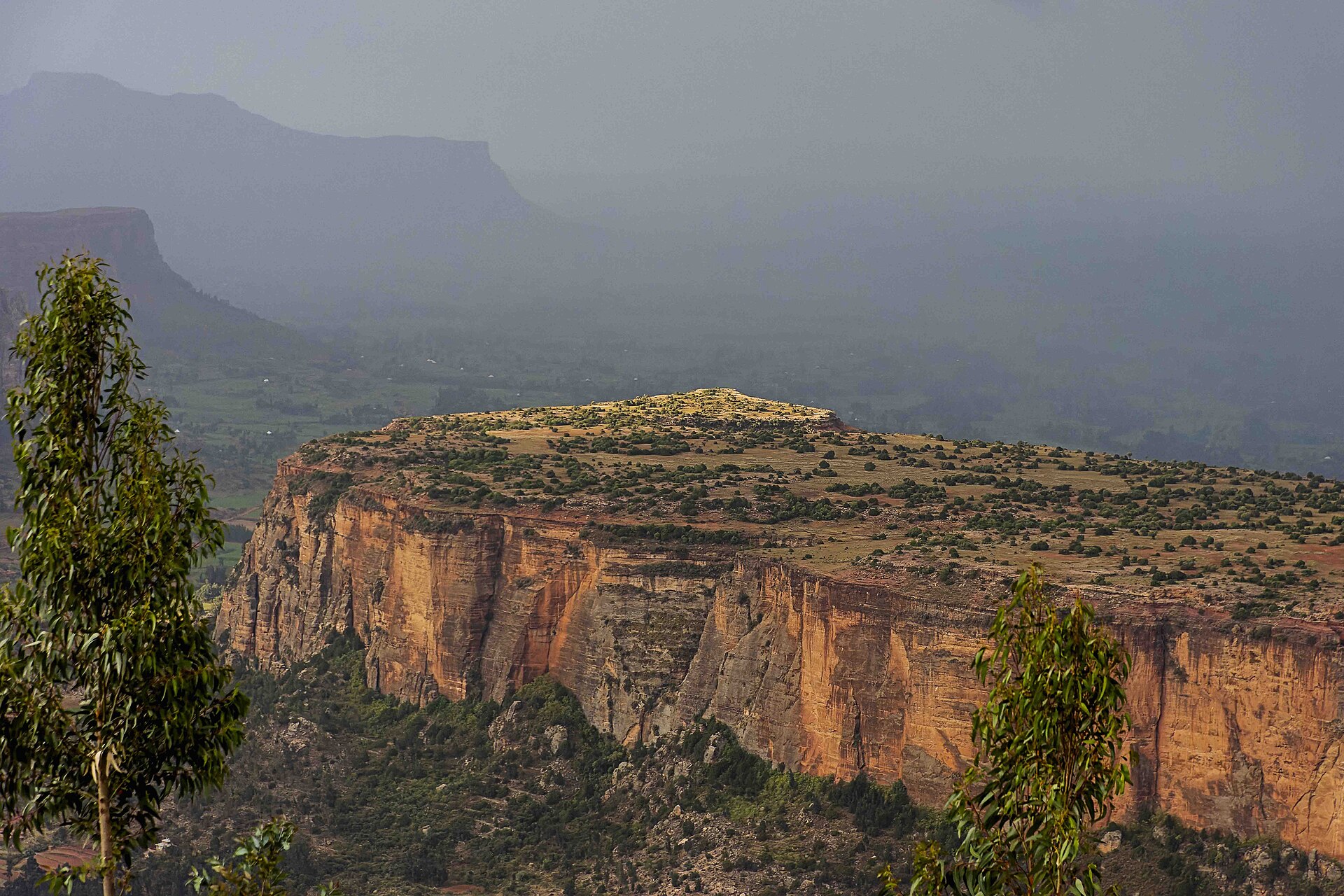 A sandstone escarpment and flat-topped mountains in Tigray, northern Ethiopia