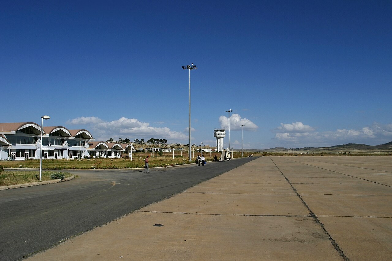 Terminal building and control tower of Alula Aba Nega airport in Mekelle, Tigray, under a blue sky