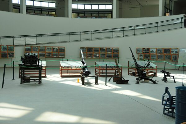 Old artillery pieces, rocket launchers and framed black-and-white photographs on display in the TPLF museum in Mekelle, Tigray