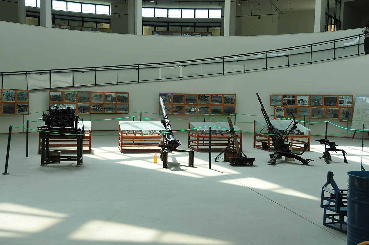 Old artillery pieces, rocket launchers and framed black-and-white photographs on display in the TPLF museum in Mekelle, Tigray