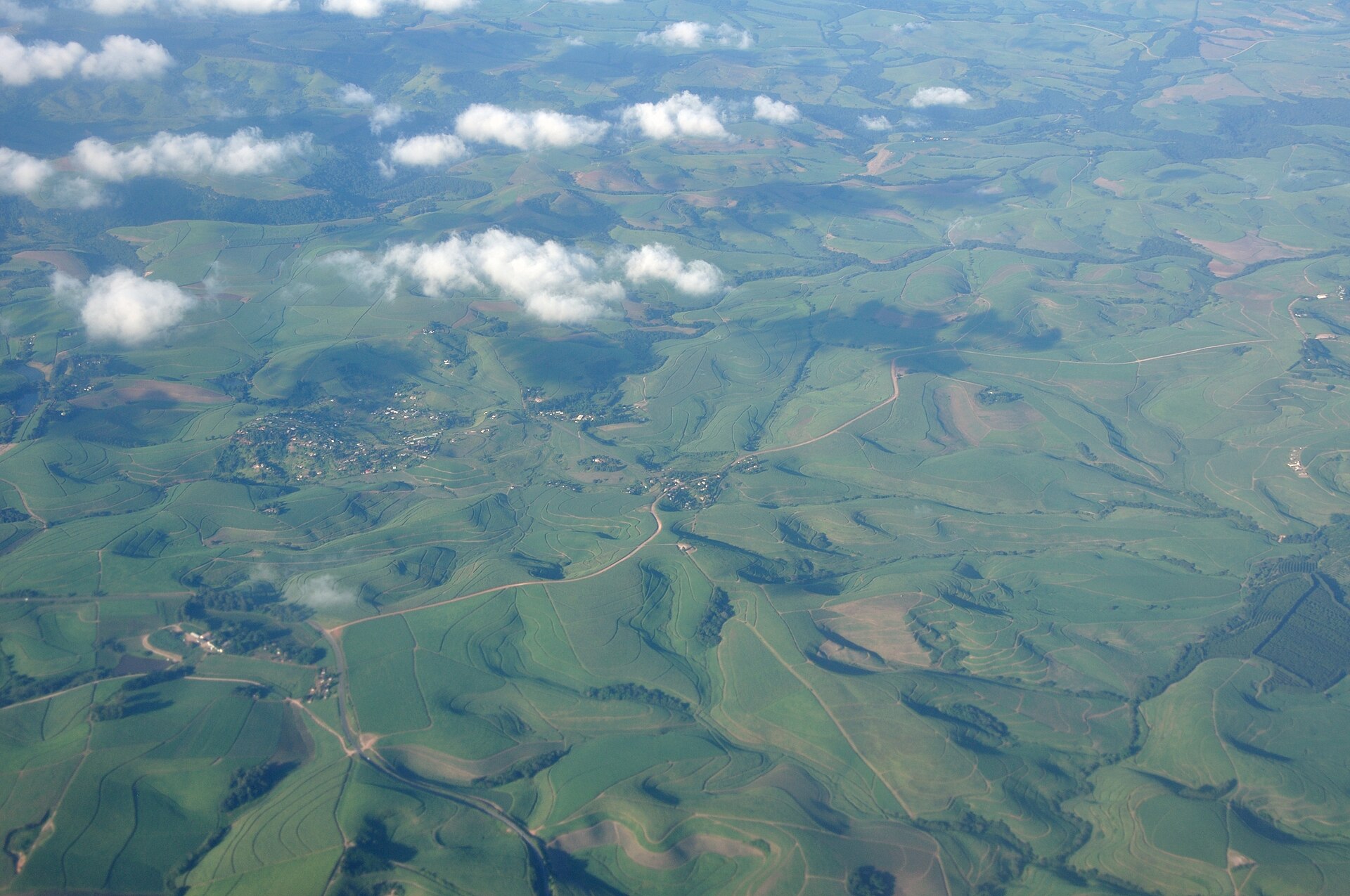 Aerial view of sugarcane fields around Upper Tongaat in KwaZulu-Natal, South Africa
