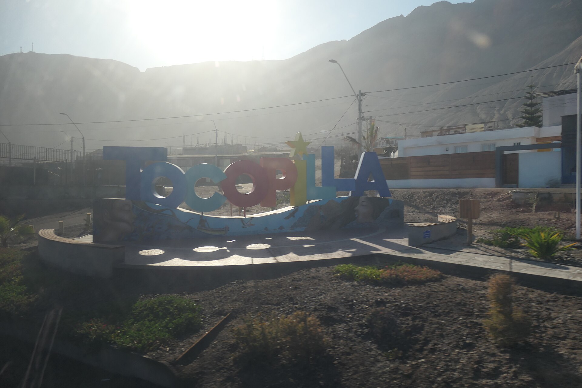 Welcome sign of the coastal town of Tocopilla in northern Chile