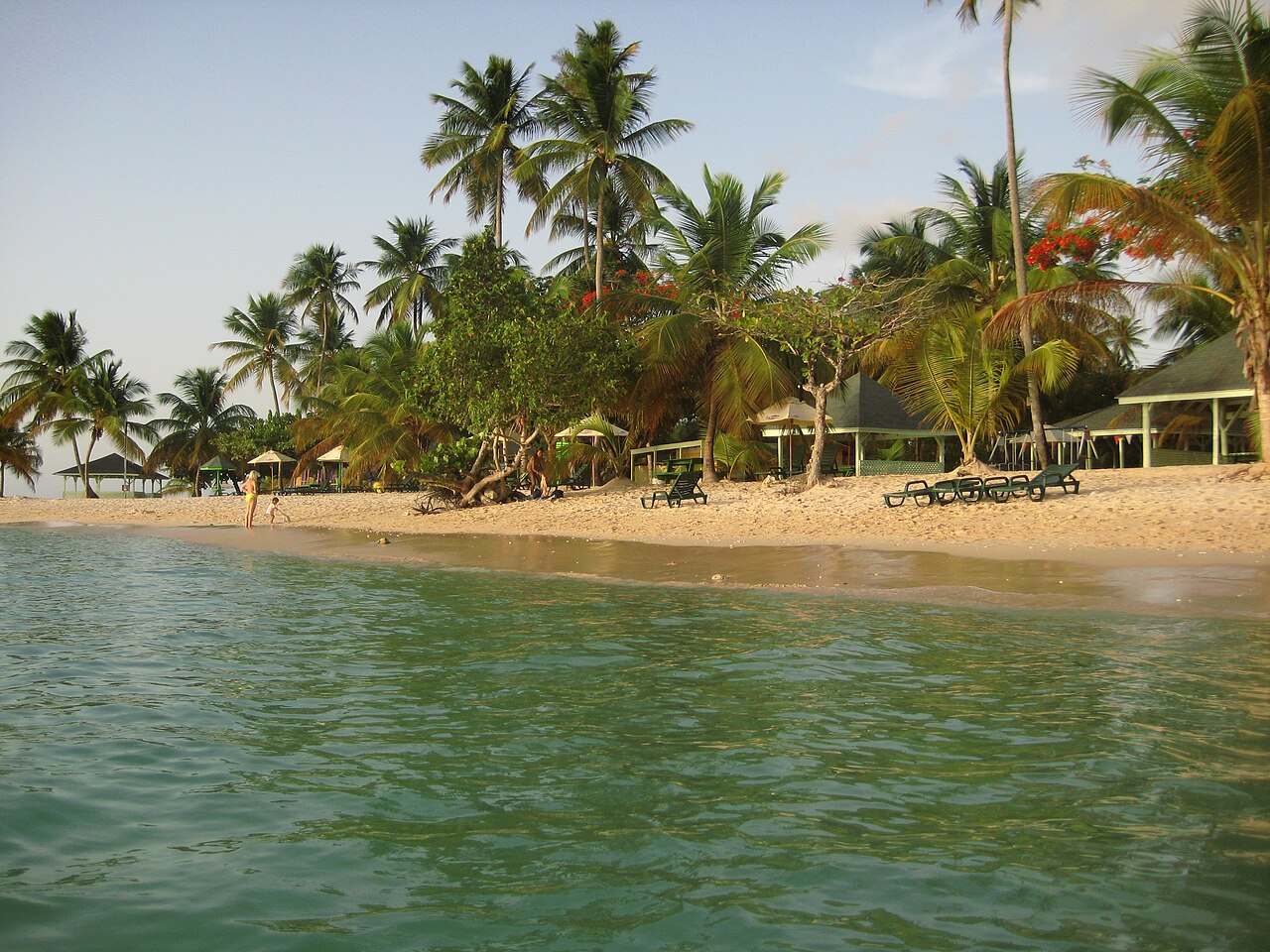 The shore of Pigeon Point on Tobago seen from the water, with palm trees, beach huts and a few people on the sand