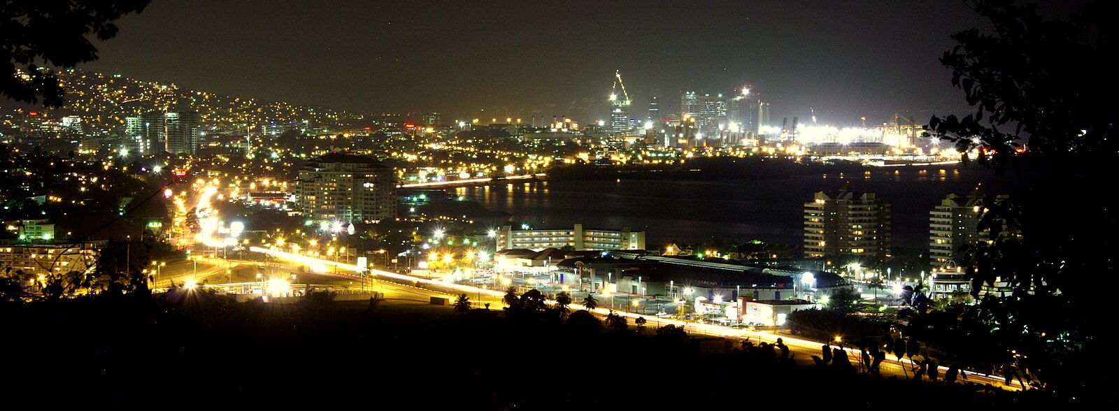 Port of Spain skyline and harbour at night, the capital of Trinidad and Tobago