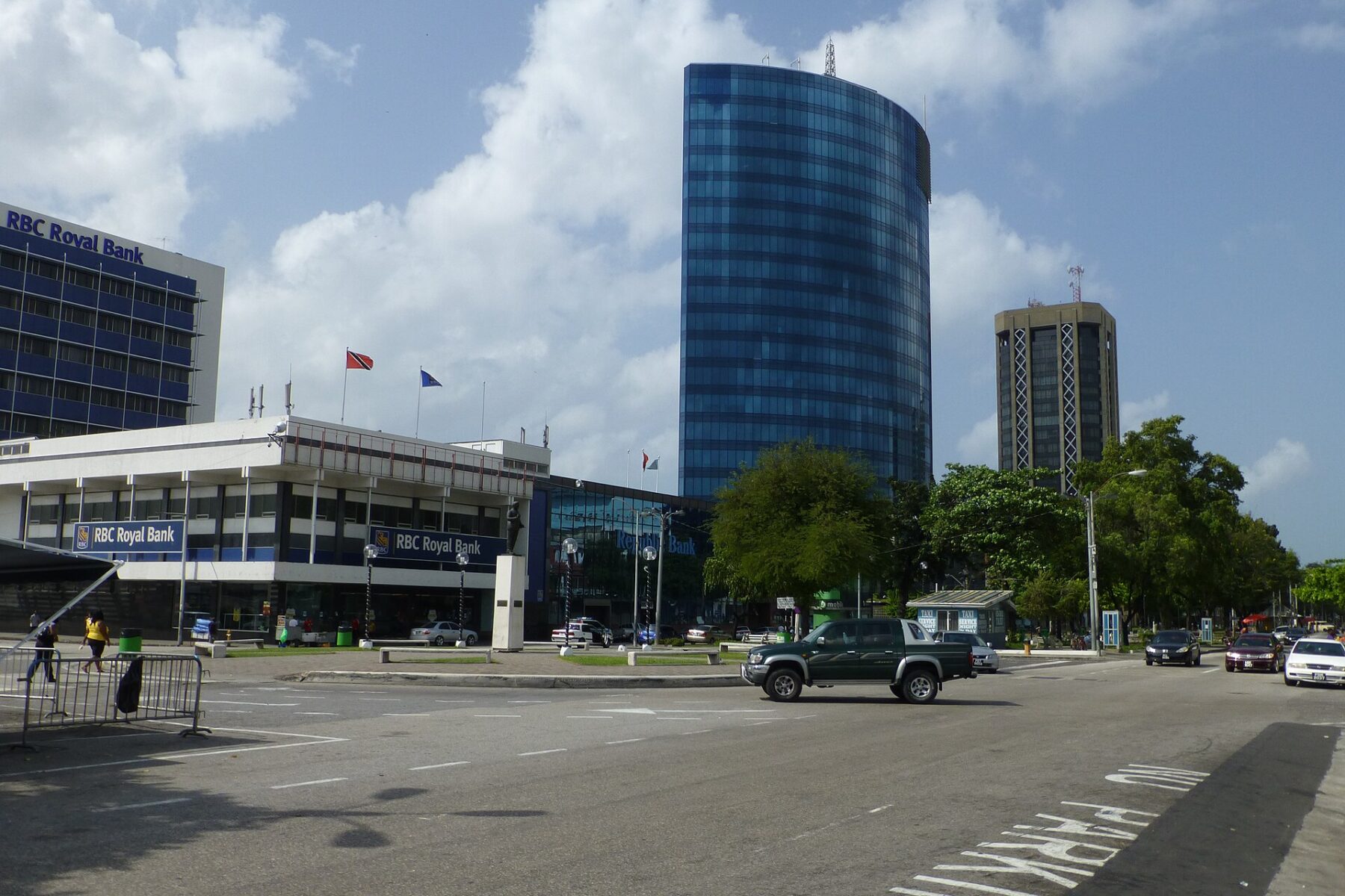 Independence Square in Port of Spain, Trinidad and Tobago, with bank buildings including a Republic Bank branch
