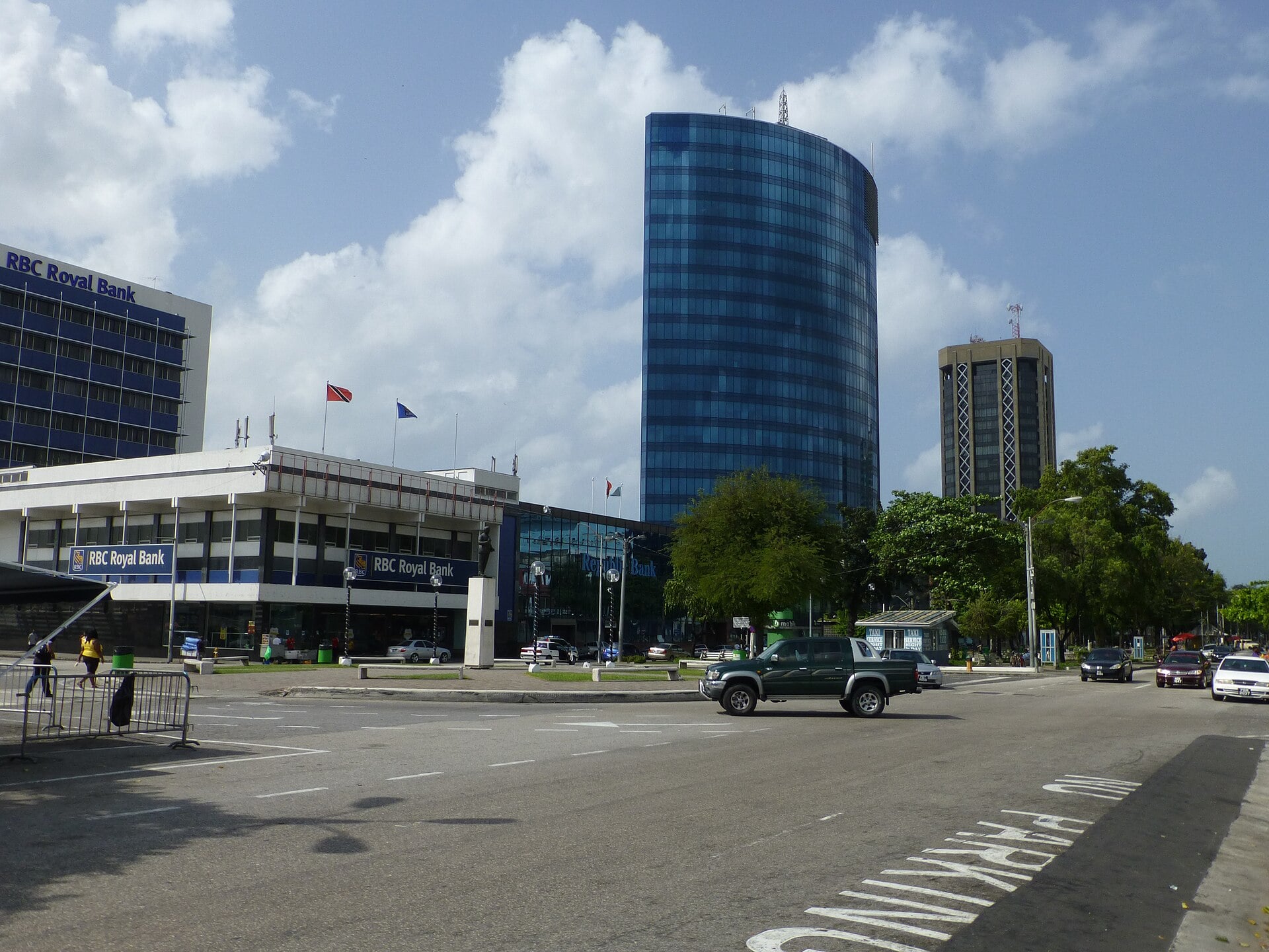 Independence Square in Port of Spain, Trinidad and Tobago, with bank buildings including a Republic Bank branch