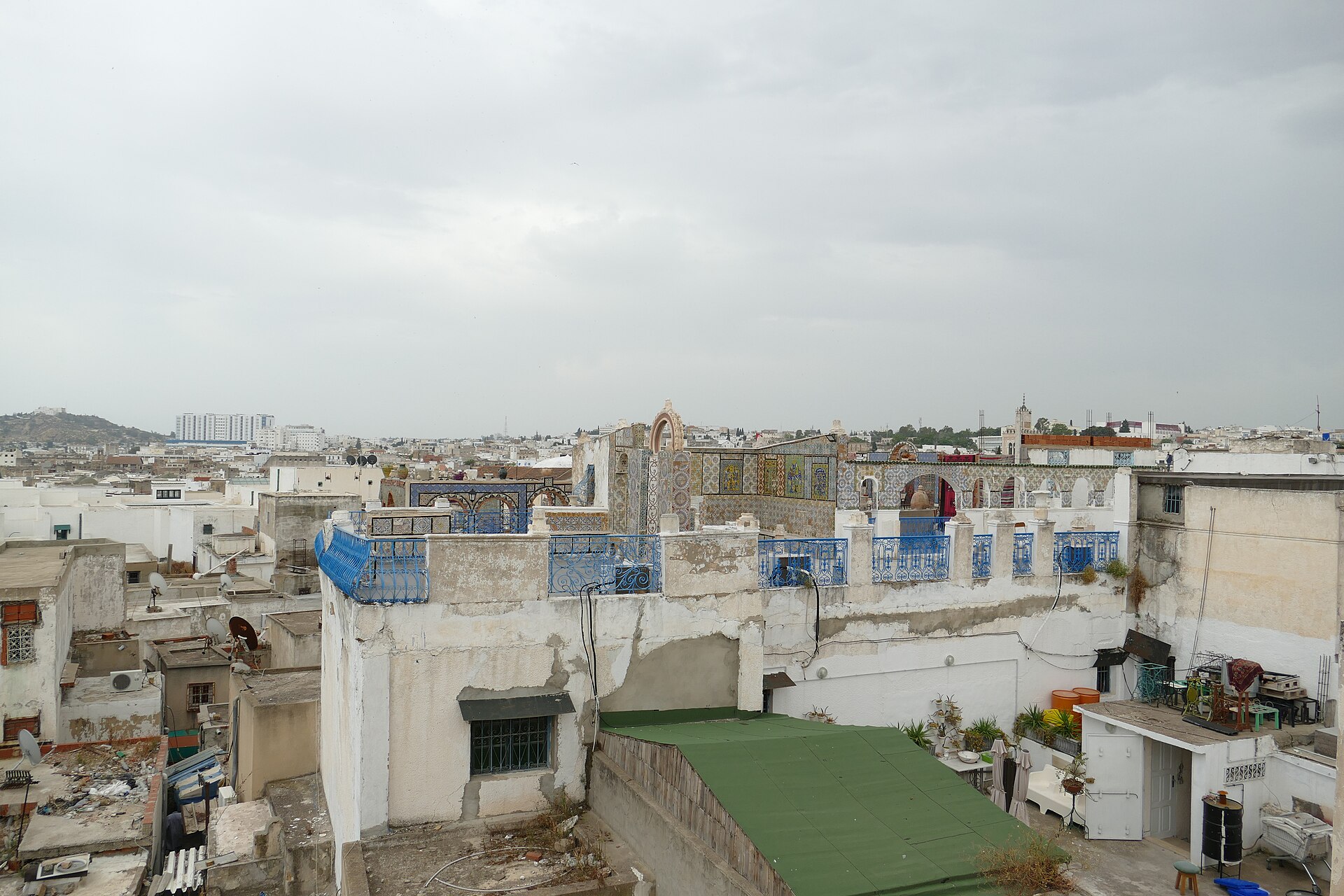 Rooftops and tiled terraces over the old medina of Tunis under a grey sky
