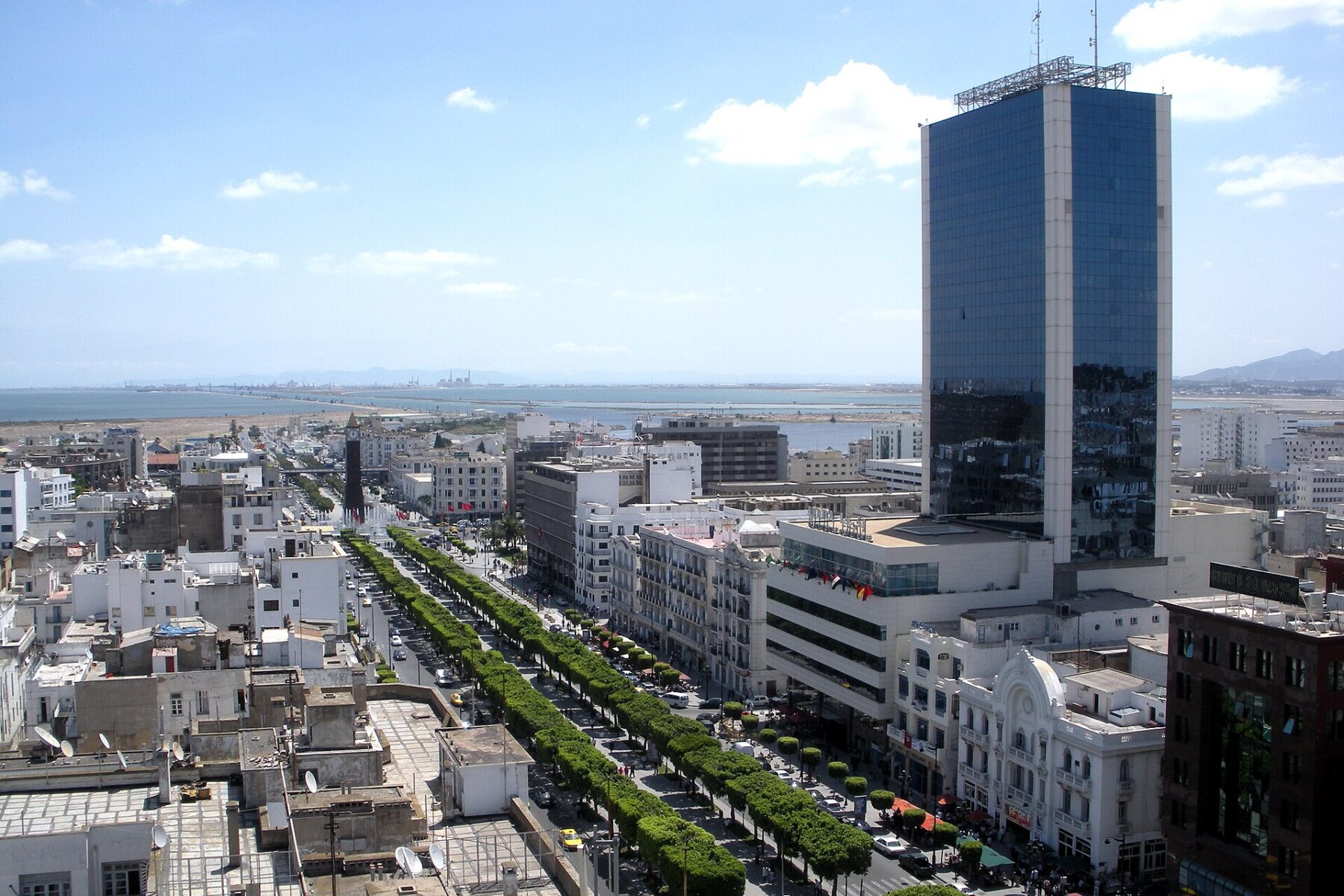 Avenue Habib Bourguiba in central Tunis, Tunisia, seen from above with the Lake of Tunis behind