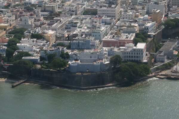 Aerial view of La Fortaleza and the waterfront streets of Old San Juan, Puerto Rico