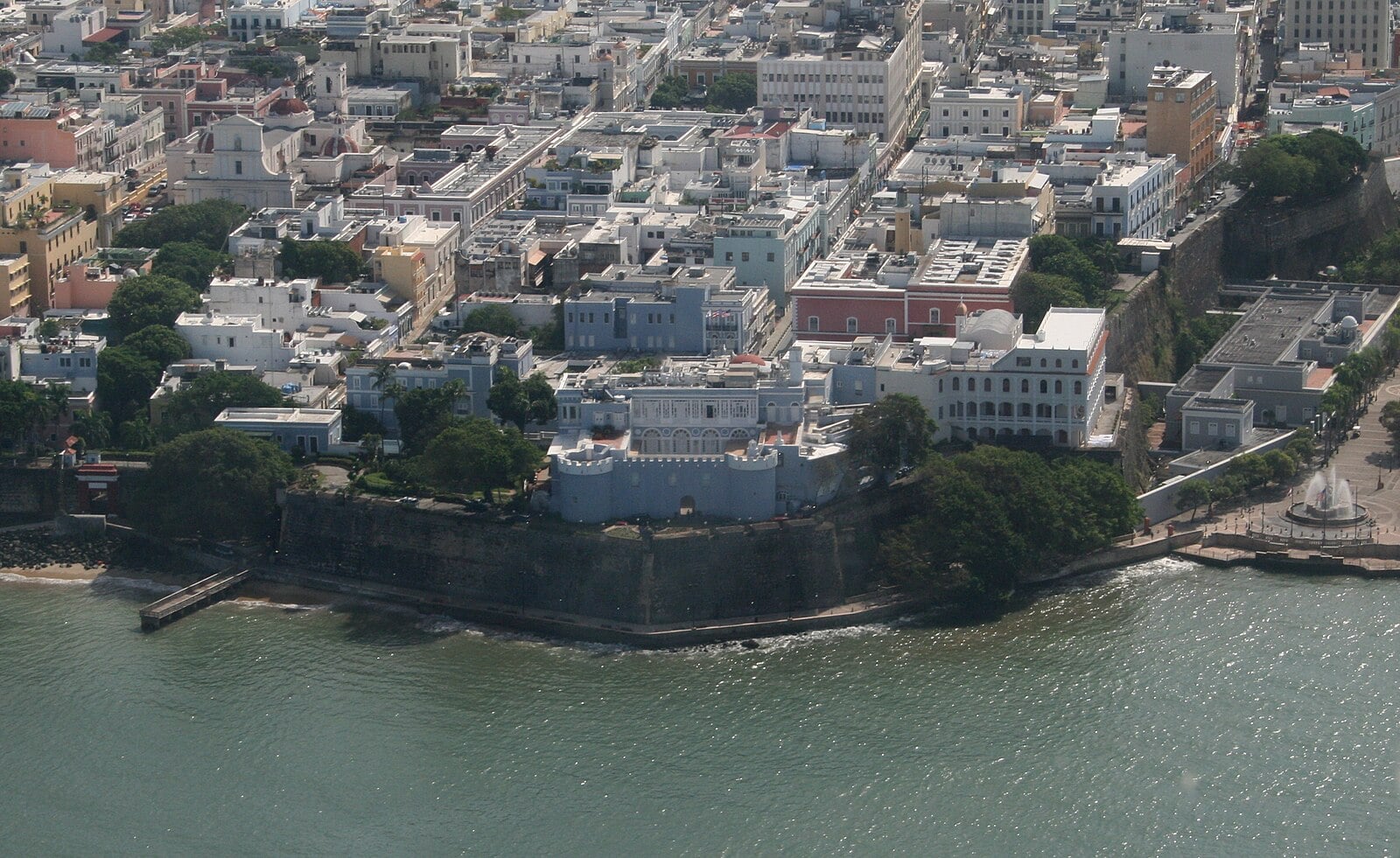 Aerial view of La Fortaleza and the waterfront streets of Old San Juan, Puerto Rico