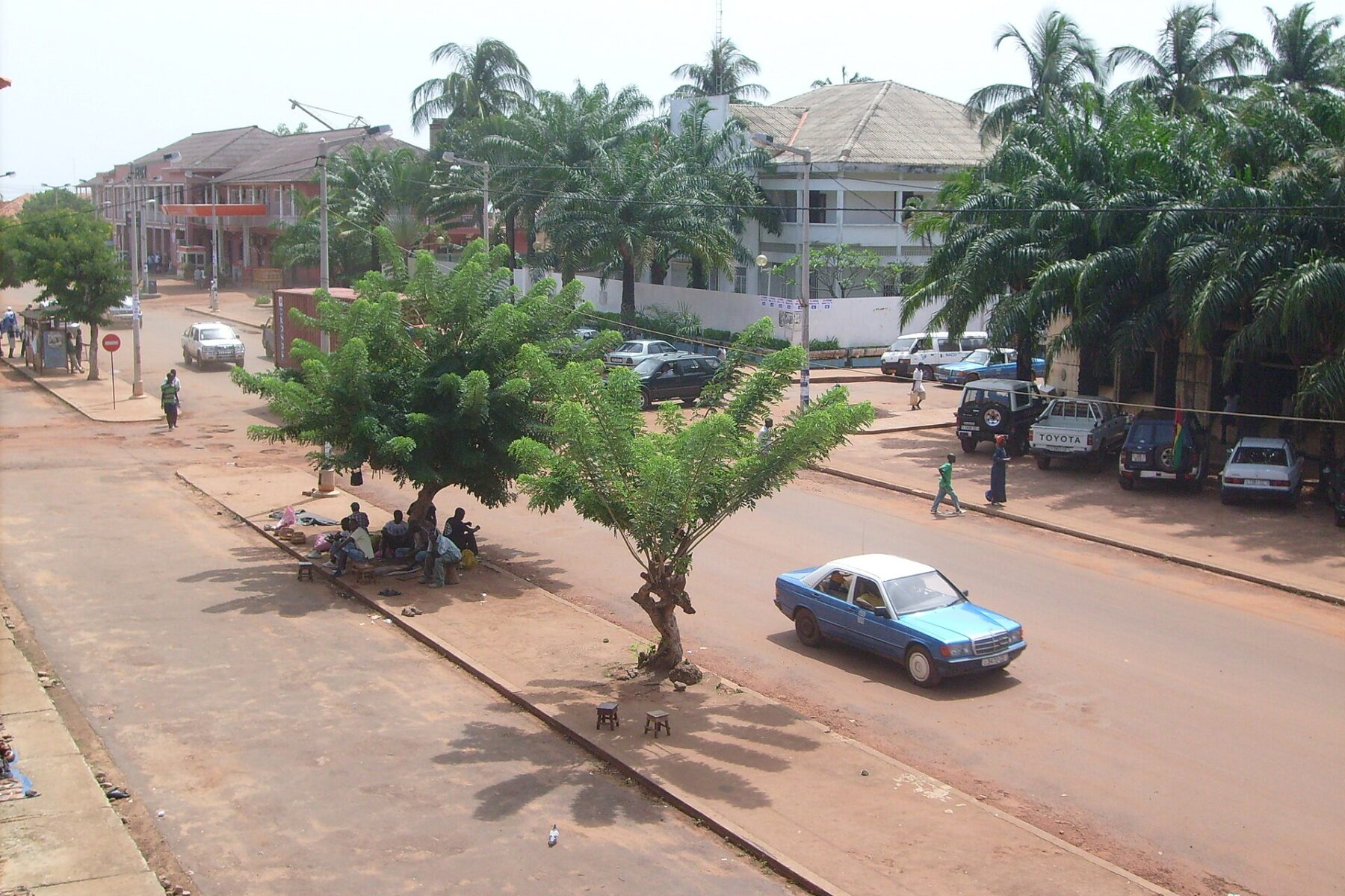A palm-lined street in downtown Bissau with a blue car, parked vehicles and people resting in the shade of trees on the central strip