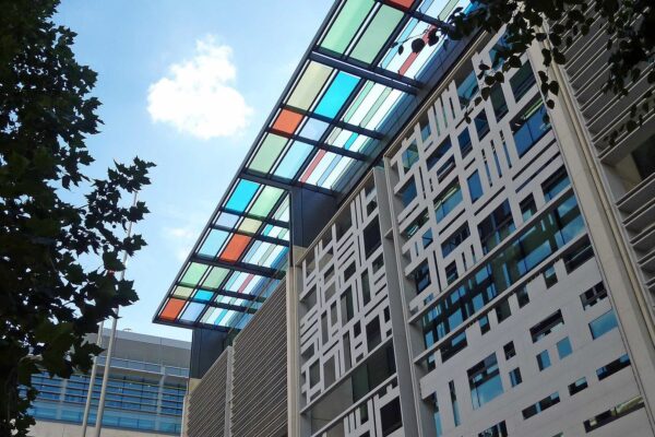 Coloured glass canopy above the facade of 2 Marsham Street, the Home Office headquarters in Westminster, London