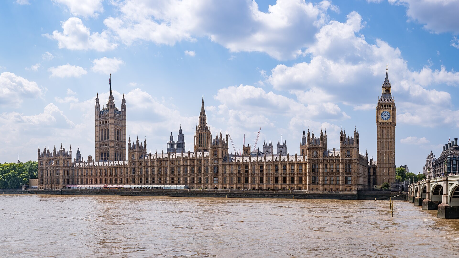 The Palace of Westminster and the Elizabeth Tower seen across the River Thames