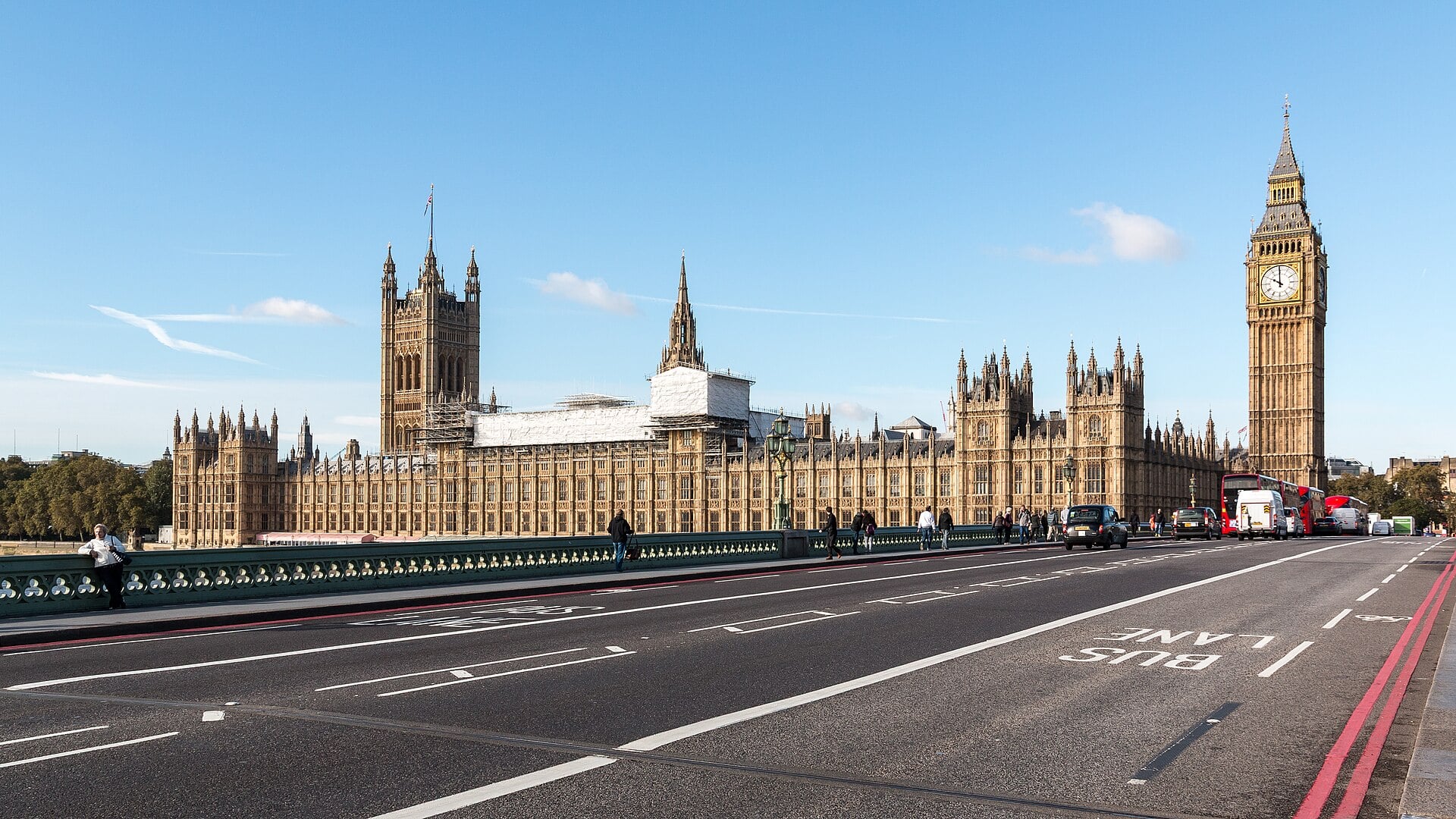 Palace of Westminster, home of the UK Parliament, seen from Westminster Bridge in London