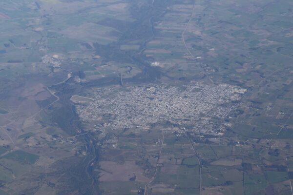Aerial view of San José de Mayo and surrounding farmland in San José department, Uruguay