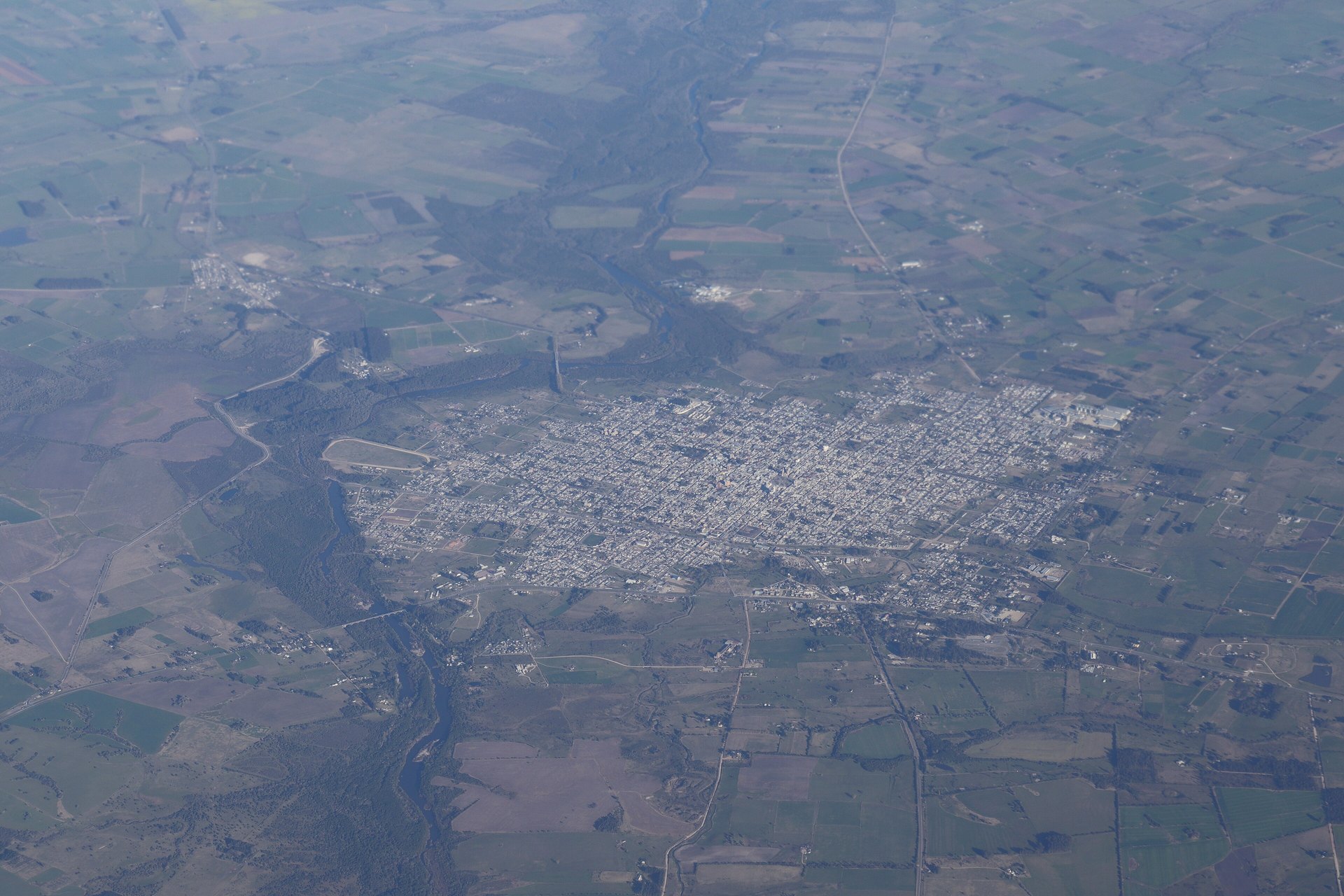 Aerial view of San José de Mayo and surrounding farmland in San José department, Uruguay