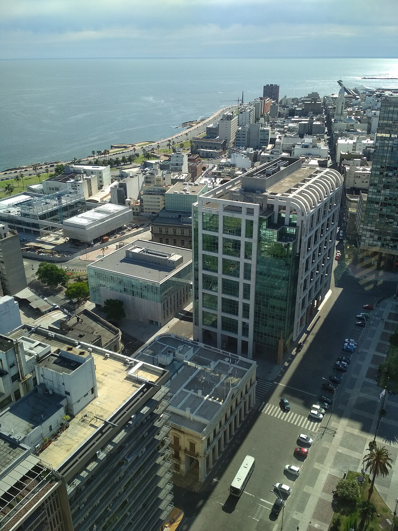Aerial view of government buildings in central Montevideo with the waterfront behind