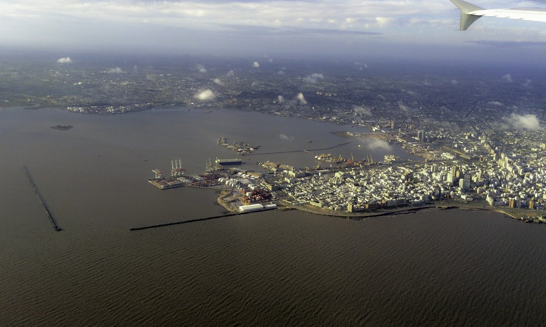 Aerial view of Montevideo's old town and port on the Río de la Plata