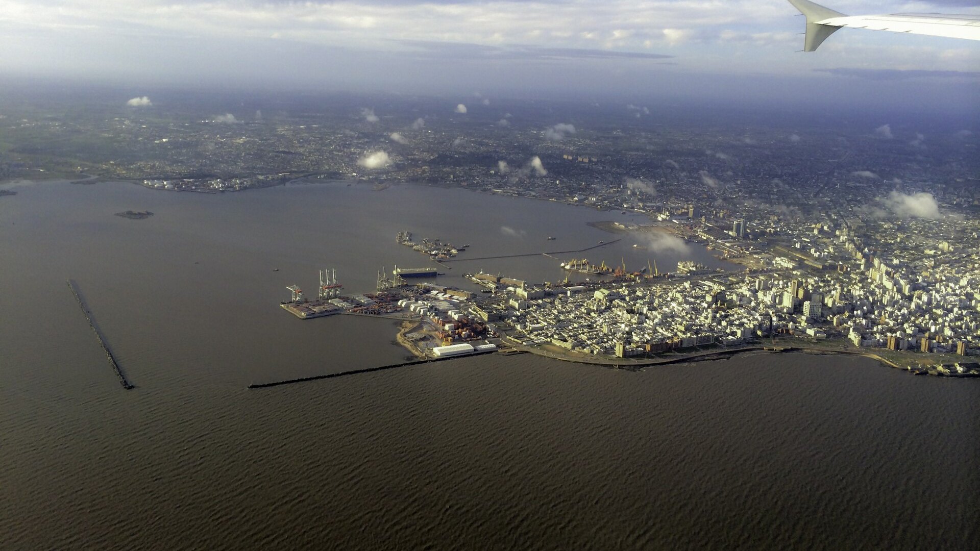 Uruguay trade balance: aerial view of Montevideo's old town and container port on the River Plate