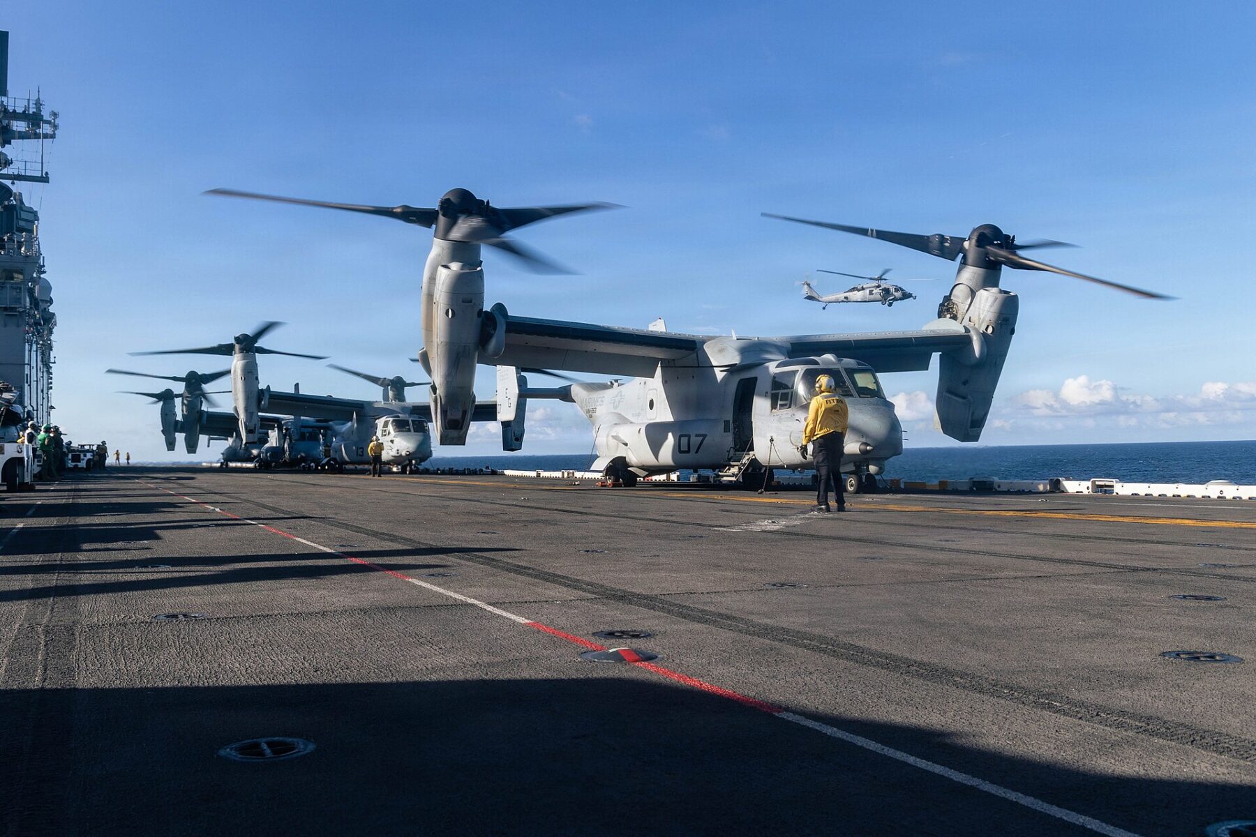 US Marine Corps MV-22B Osprey aircraft on the deck of the amphibious assault ship USS Iwo Jima in the Caribbean Sea