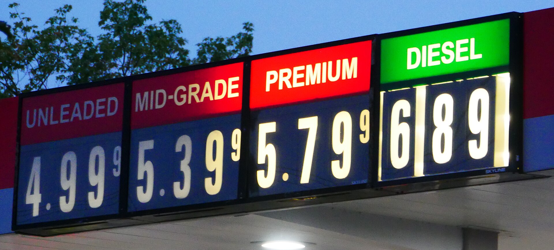 Gasoline, diesel and premium fuel prices on a gas station sign in Eugene, Oregon