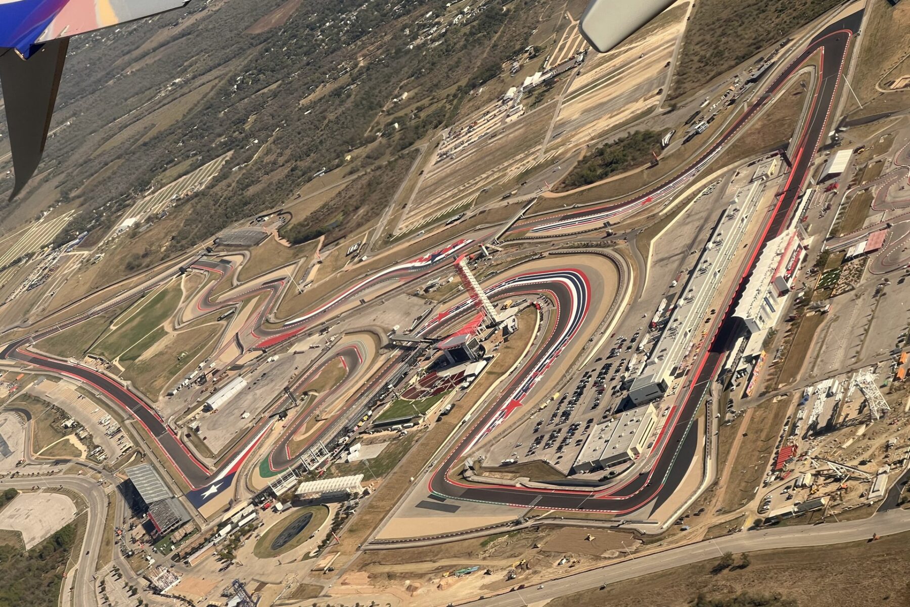Aerial view of Circuit of the Americas near Austin, Texas, with its hairpin turns and the observation tower